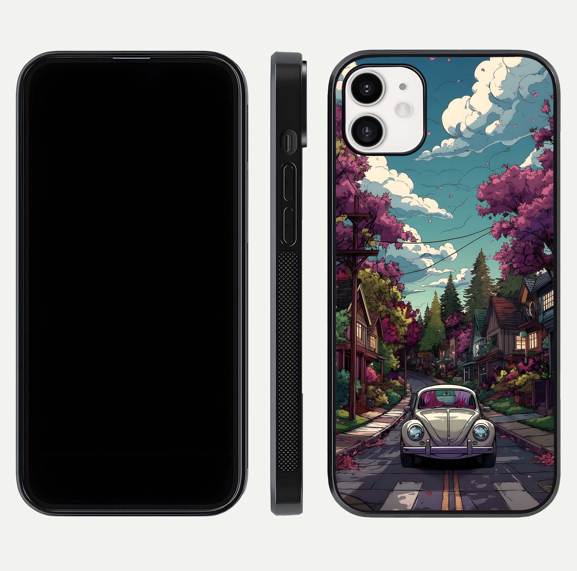 Vintage Street Drive Glass Case for iphone-12 front & back layout showing retro street scene and edges