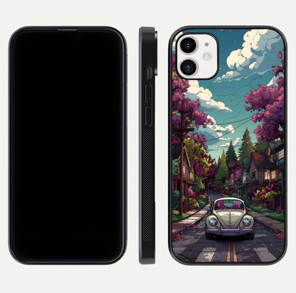 Vintage Street Drive Glass Case for iphone-12 front & back layout showing retro street scene and edges