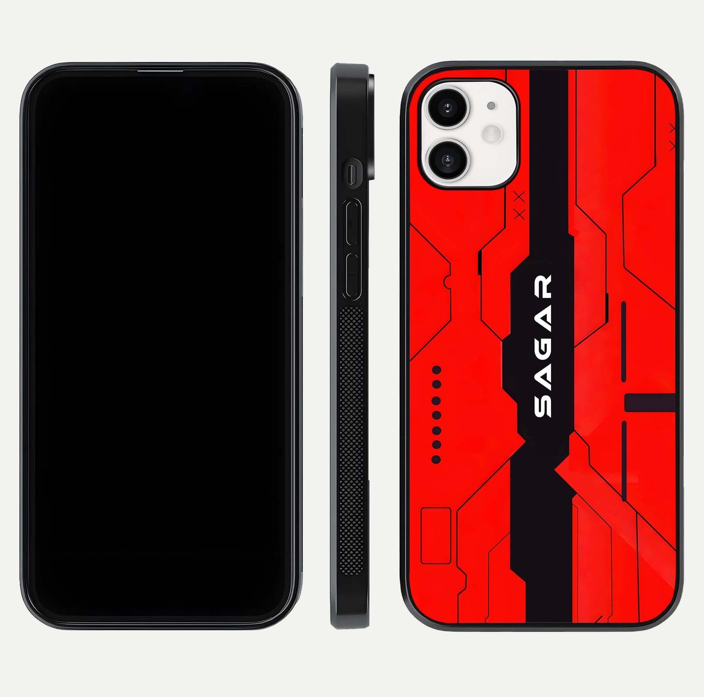 Voltage Rise CYBERPUNK Custom Name Glass Case for iphone-12 front & back layout showing futuristic tones and sleek edge