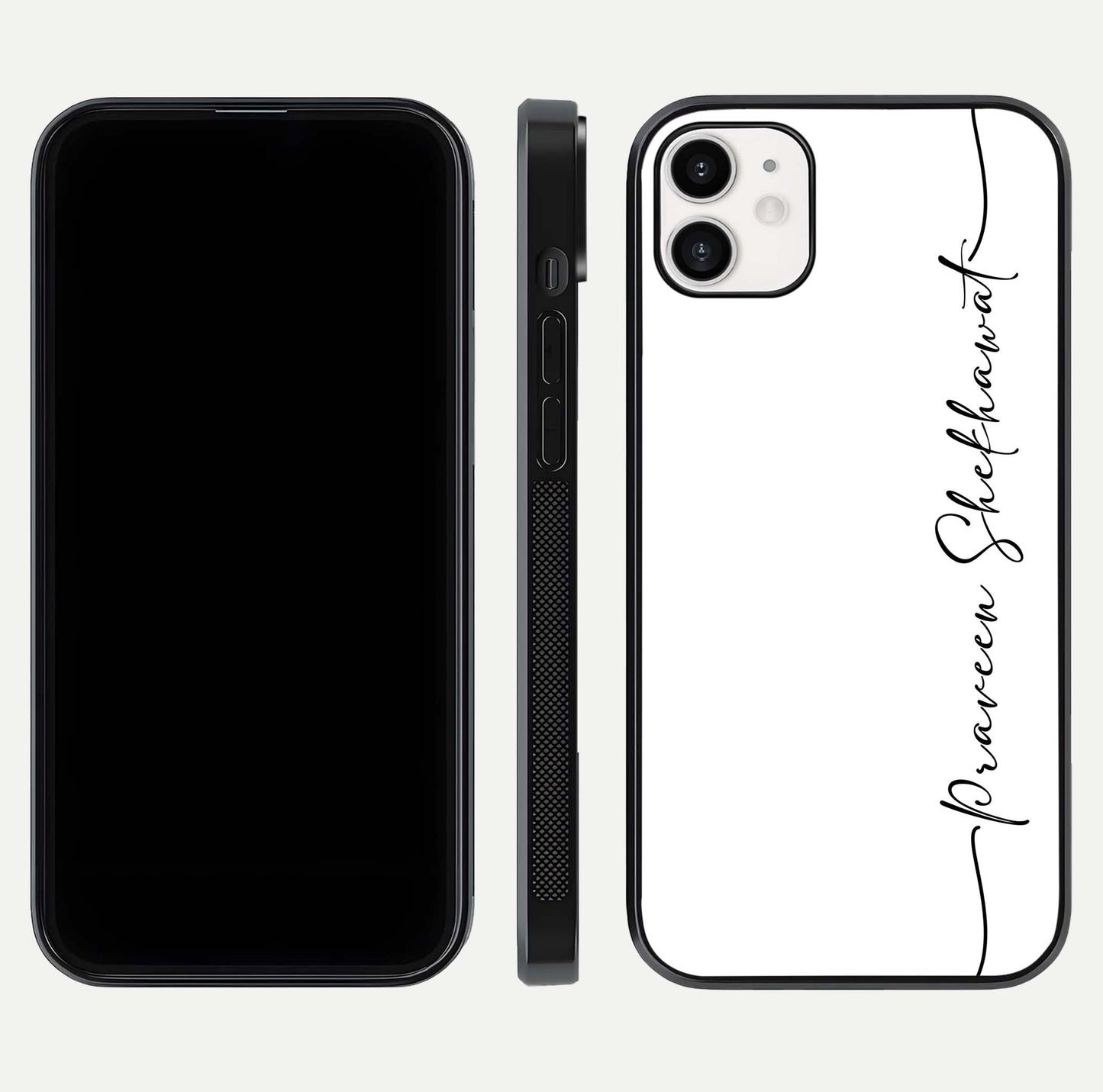 White Tune Custom Name Glass Case for iPhone 12 Mini front & back layout showing clean design and text placement