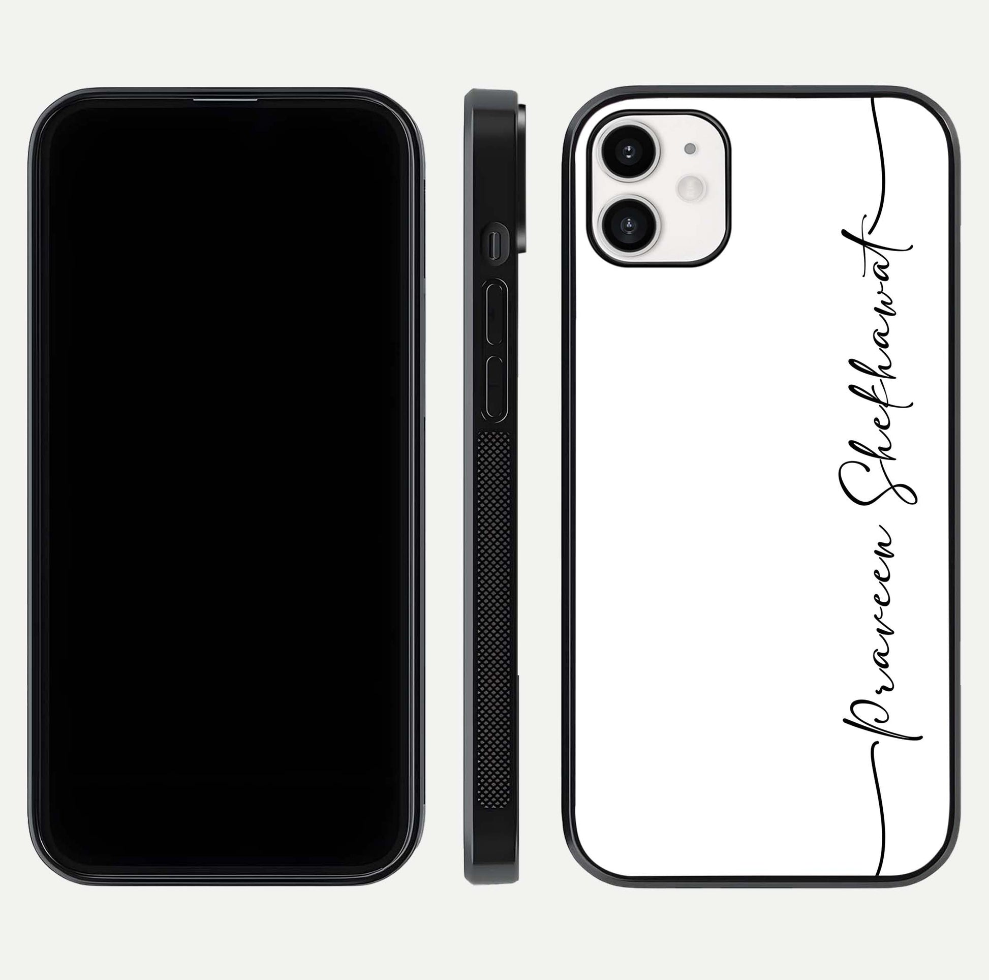 White Tune Custom Name Glass Case for iPhone 12 Mini front & back layout showing clean design and text placement