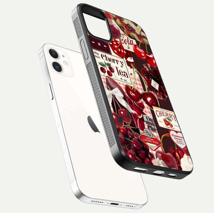 Aesthetic Cherry Tea Glass Case for iPhone 16 Pro floating dual-view mockup showing edge design and detailed cherry pattern gloss texture