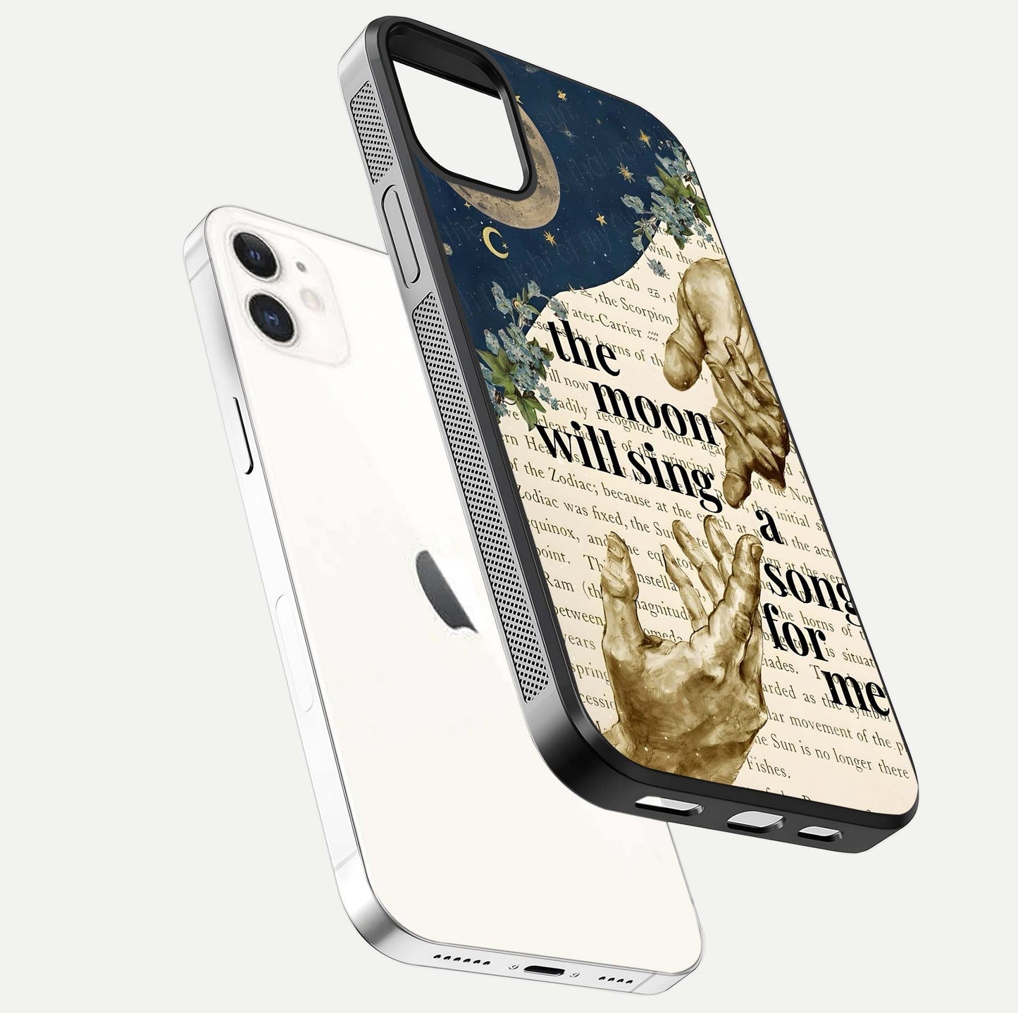Aesthetic Divine Glass Case for iPhone 16 Pro floating dual-view mockup showing edge design and divine art gloss texture