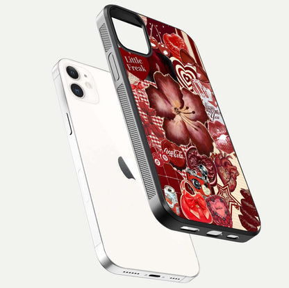 Aesthetic Little Freak Glass Case for iPhone 16 Pro floating dual-view mockup showing edge design and detailed collage gloss texture