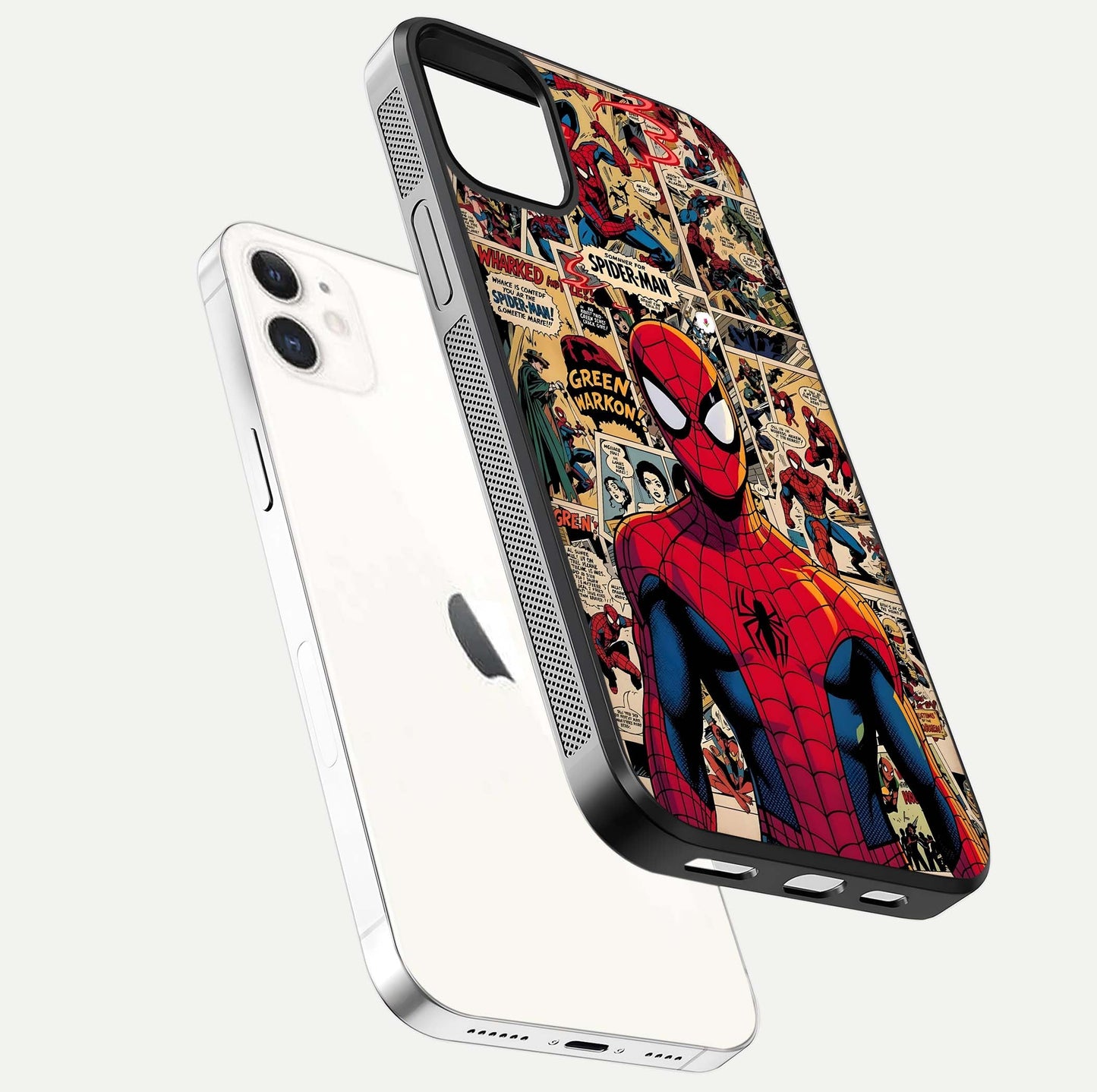 Aesthetic Spider Man Glass Case for iPhone 16 Pro floating dual-view mockup showing edge design and detailed Spider-Man gloss texture