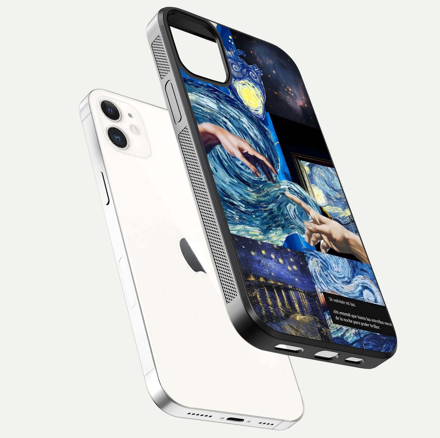 Aesthetic Vando Hands Glass Case for iPhone 16 Pro floating dual-view mockup showing slim edge profile and high-definition gloss