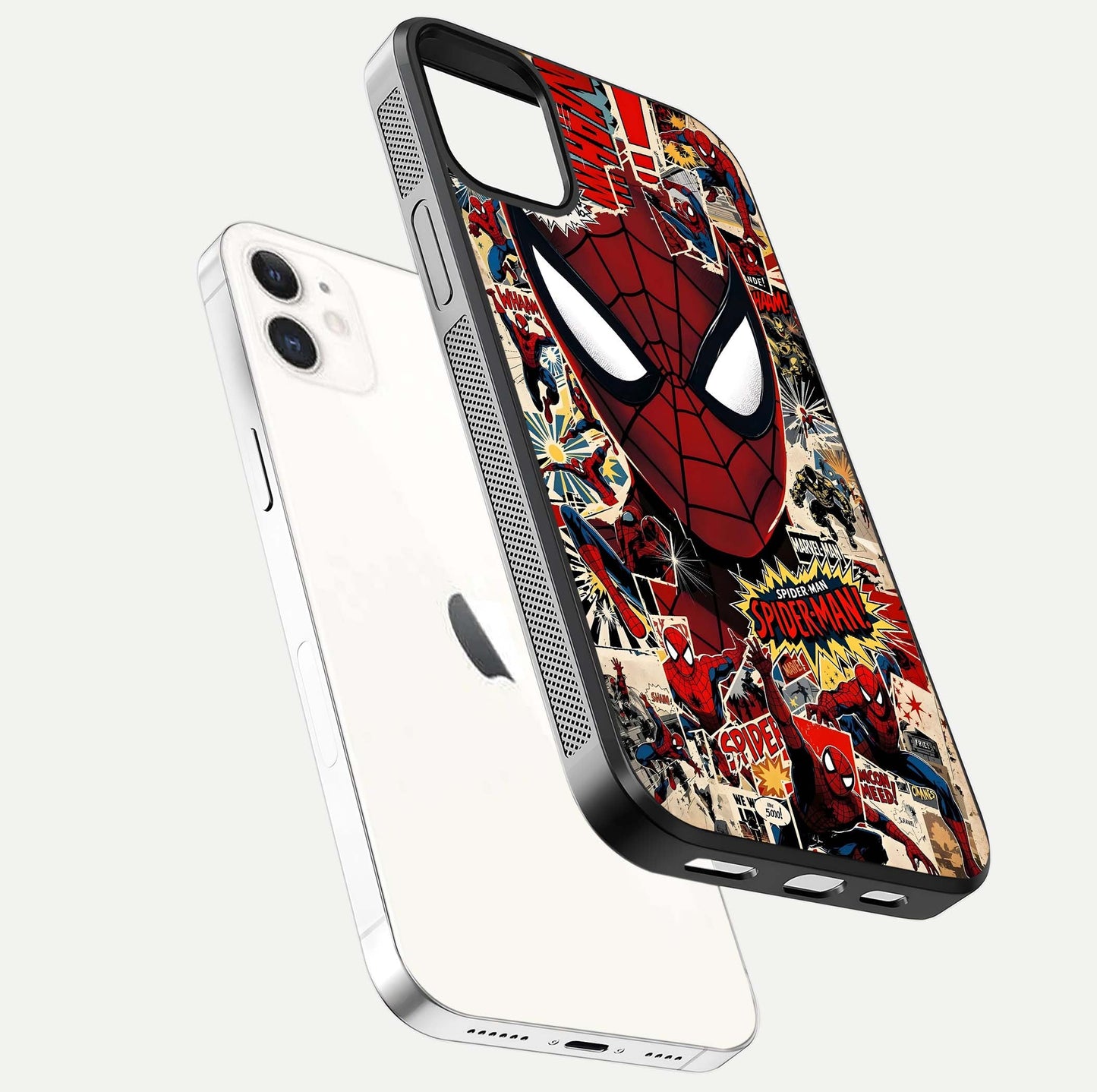 Aesthetic Wonder Spider Glass Case for iPhone 16 Pro floating mockup emphasizing superhero art and glossy reflection