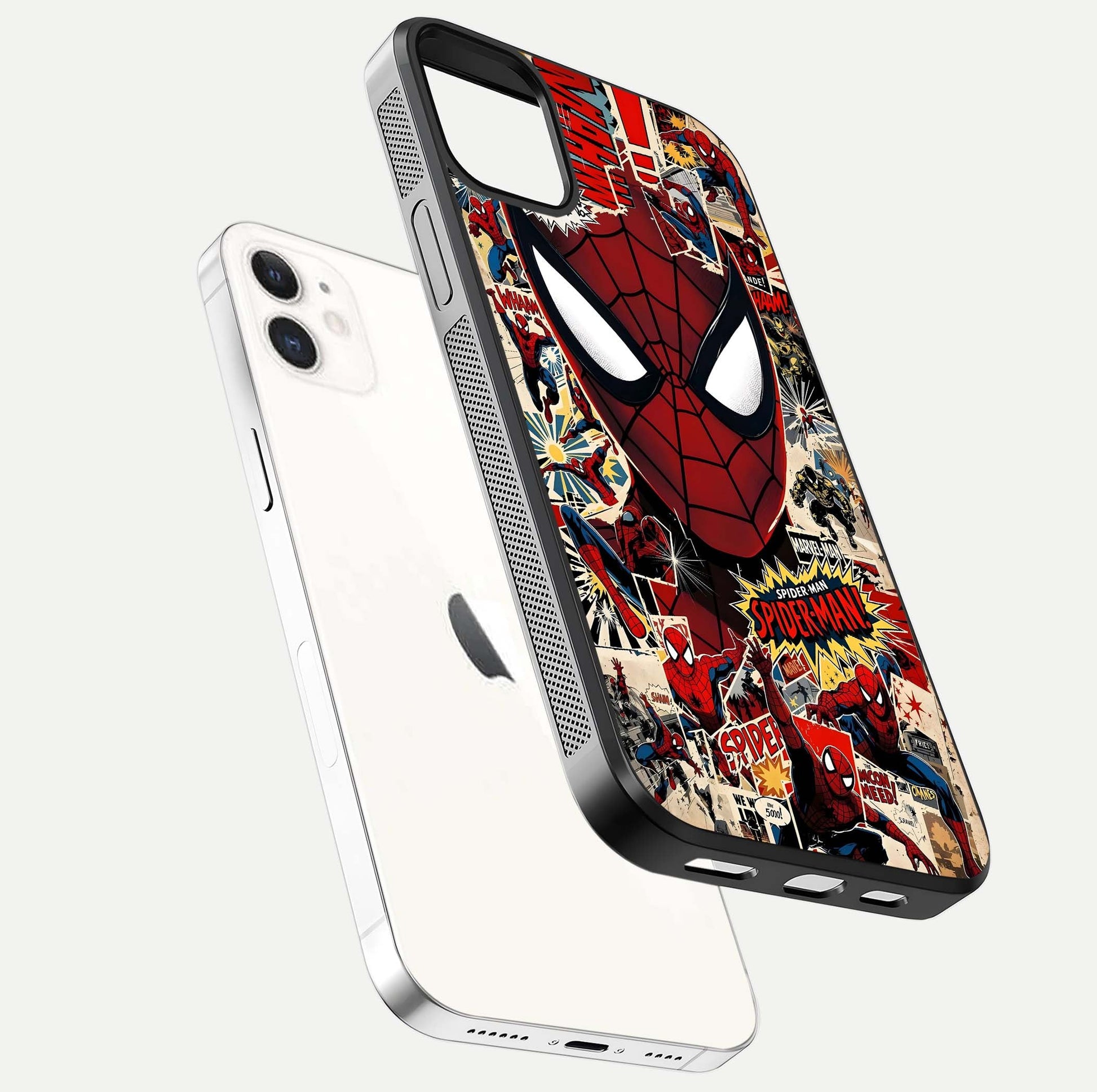 Aesthetic Wonder Spider Glass Case for iPhone 16 Pro floating mockup emphasizing superhero art and glossy reflection