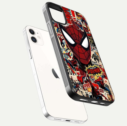 Aesthetic Wonder Spider Glass Case for iPhone 16 Pro floating mockup emphasizing superhero art and glossy reflection