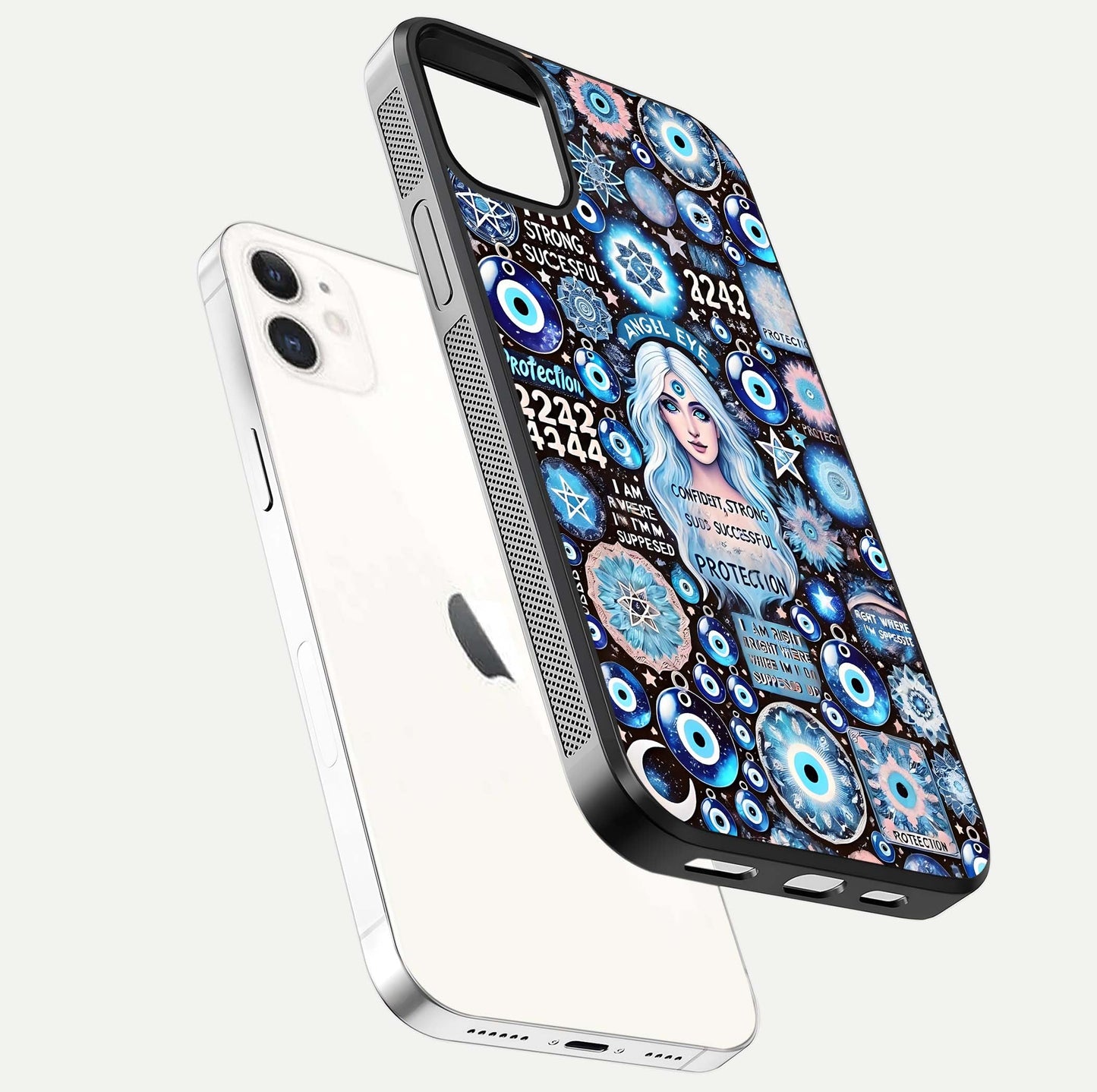 Angel Aura Shield Glass Case for iPhone 16 Pro floating angle showing light reflection and protective edge structure