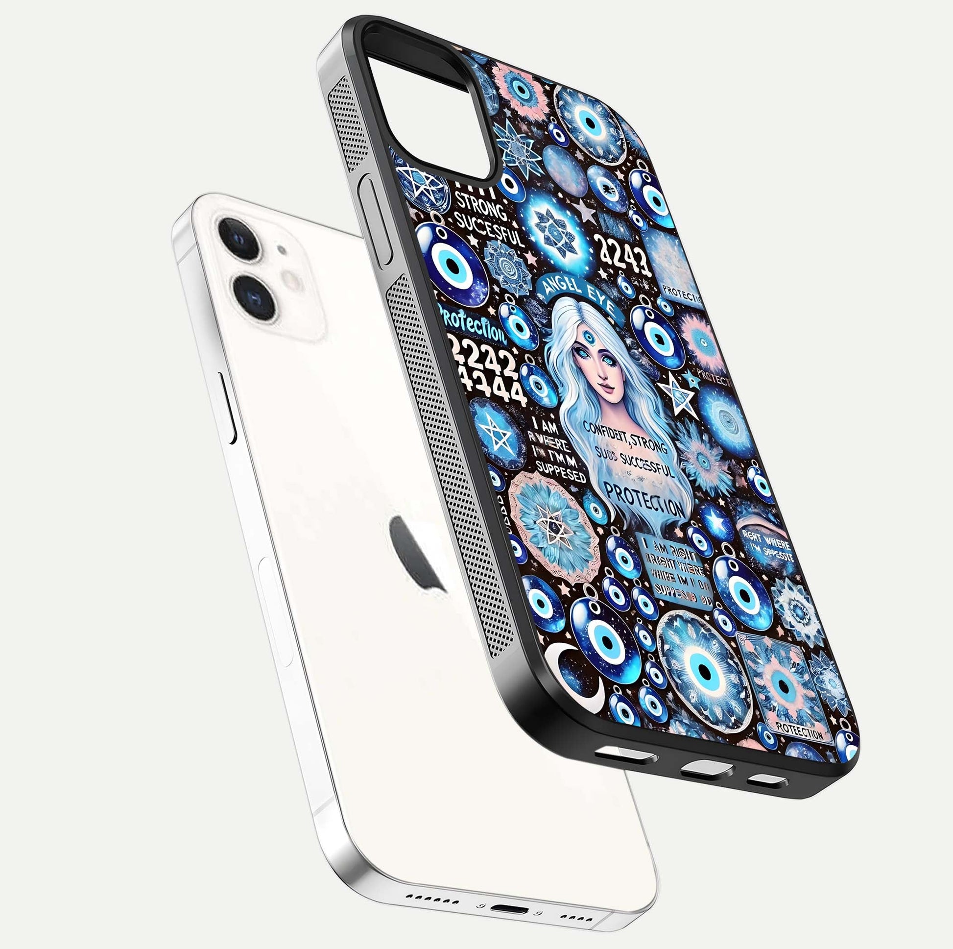 Angel Aura Shield Glass Case for iPhone 16 Pro floating angle showing light reflection and protective edge structure