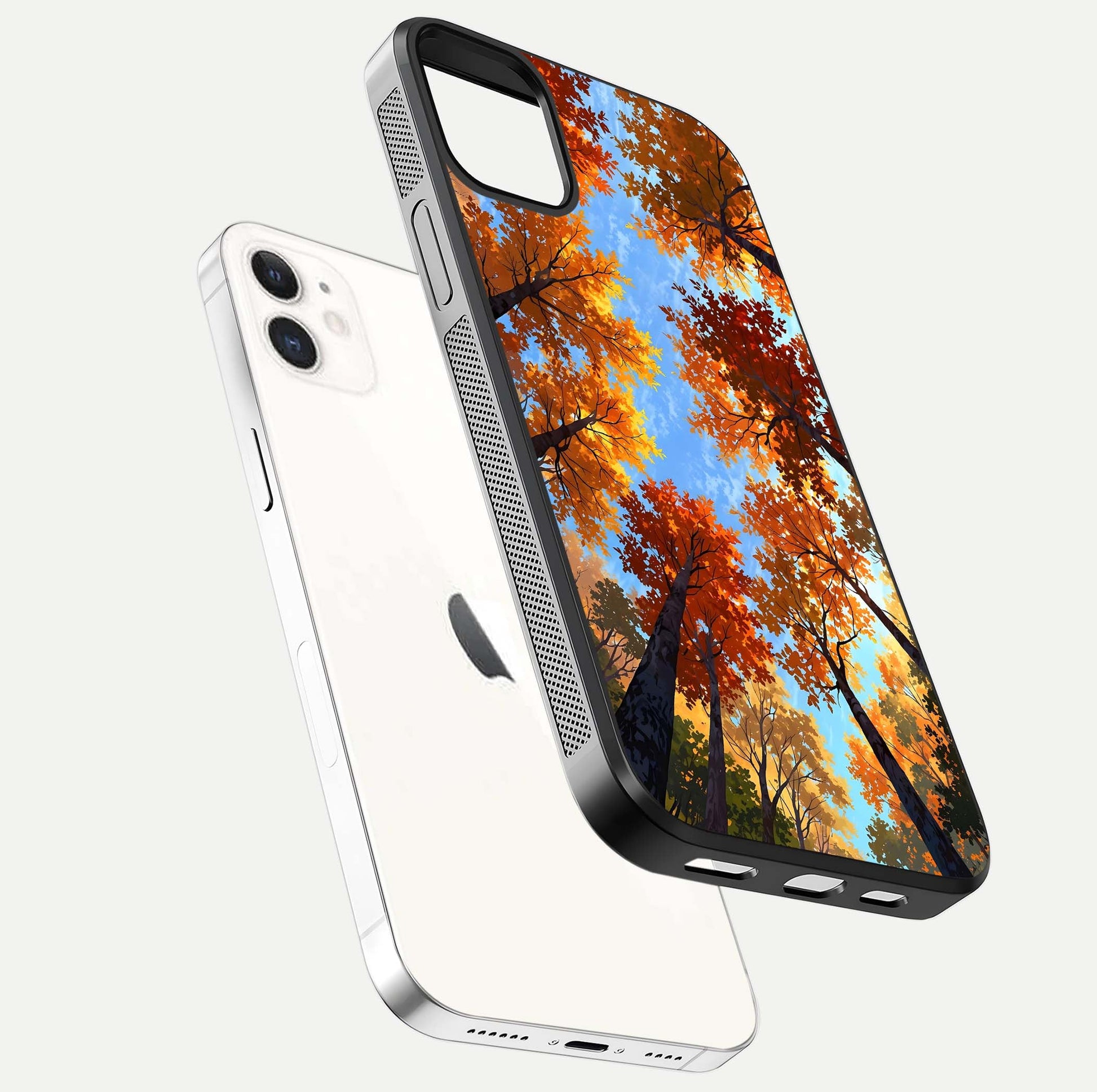 Autumn Sky Rise Glass Case for iphone-12 floating dual-view mockup with sky horizon and glossy highlights