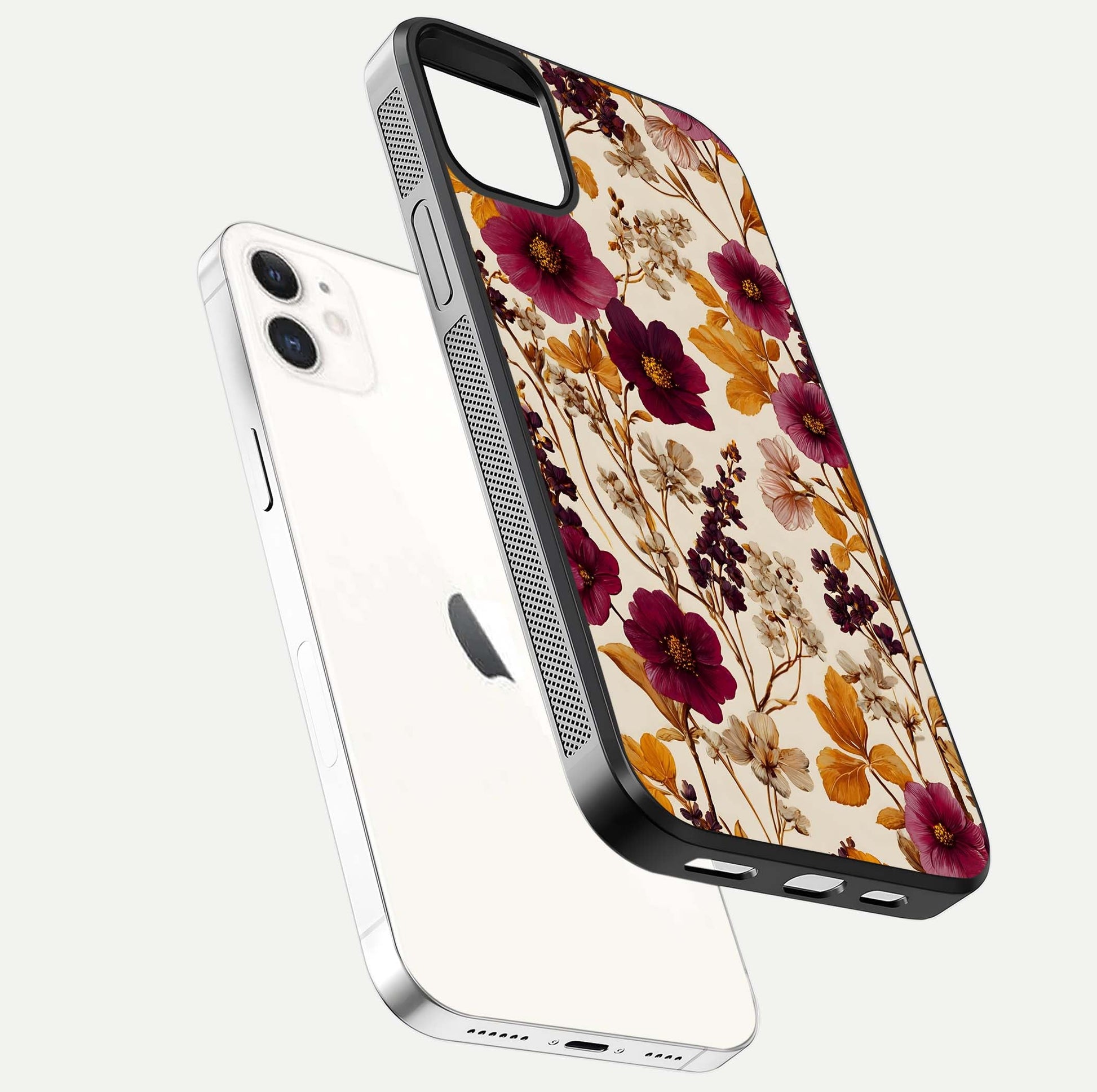 Autumn Wine Bloom Glass Case for iphone-12 floating mockup with premium floral gradient and protection edge