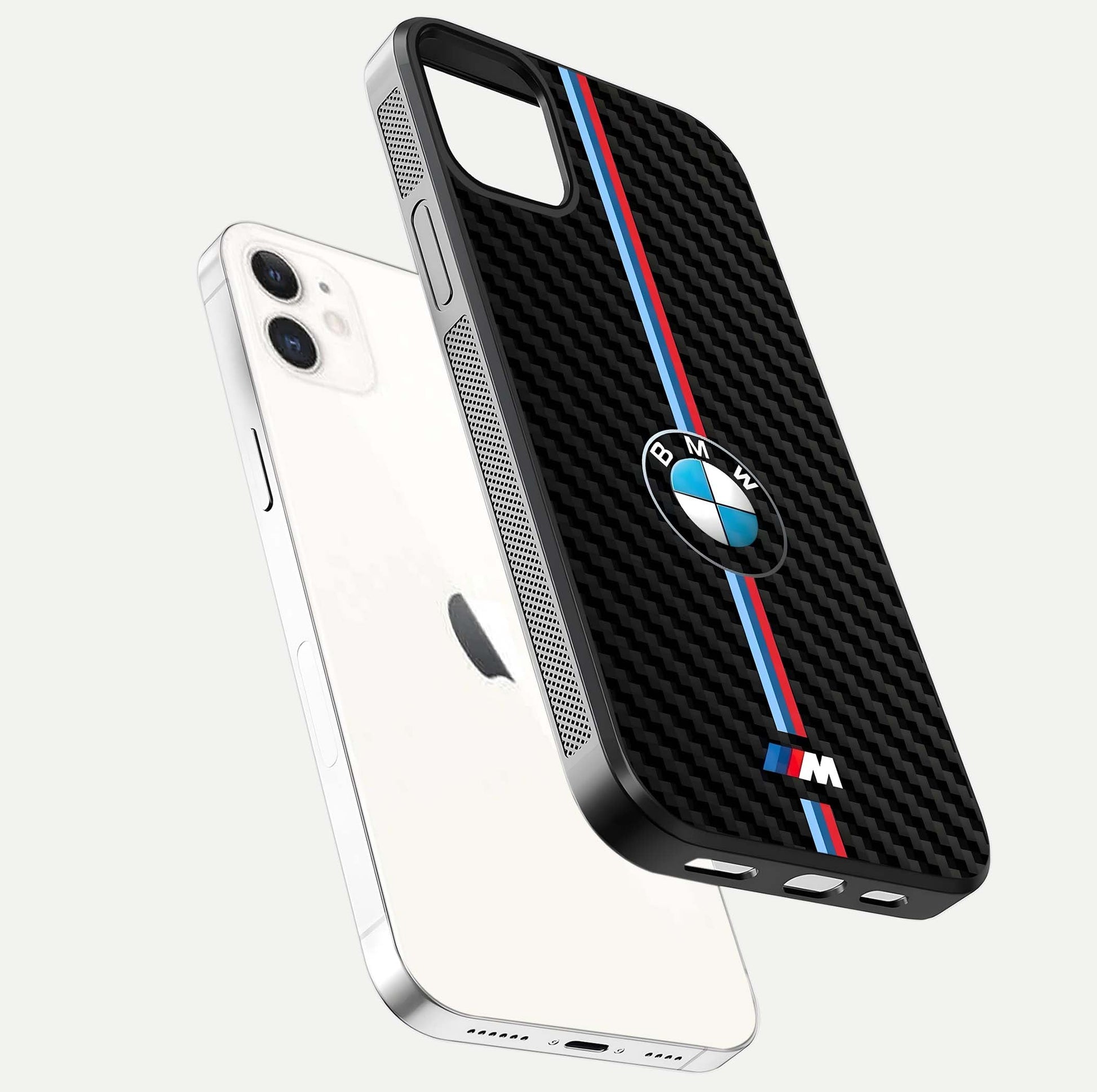 BMW Pattern Glass Case for iphone-12 floating mockup highlighting clean lines and metallic accent reflection