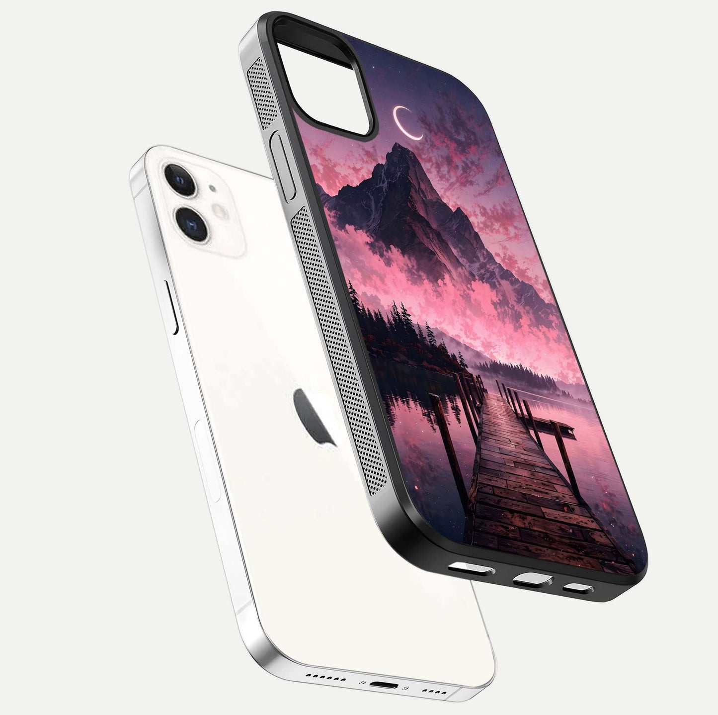 Beautyful Mountain View Glass Case for iphone-12 floating dual mockup showing edges and reflective sky print
