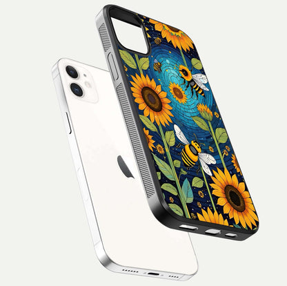 Bees & Sunflowers Glass Case for iPhone 16 Pro floating dual-view mockup displaying vibrant yellow tones and gloss texture