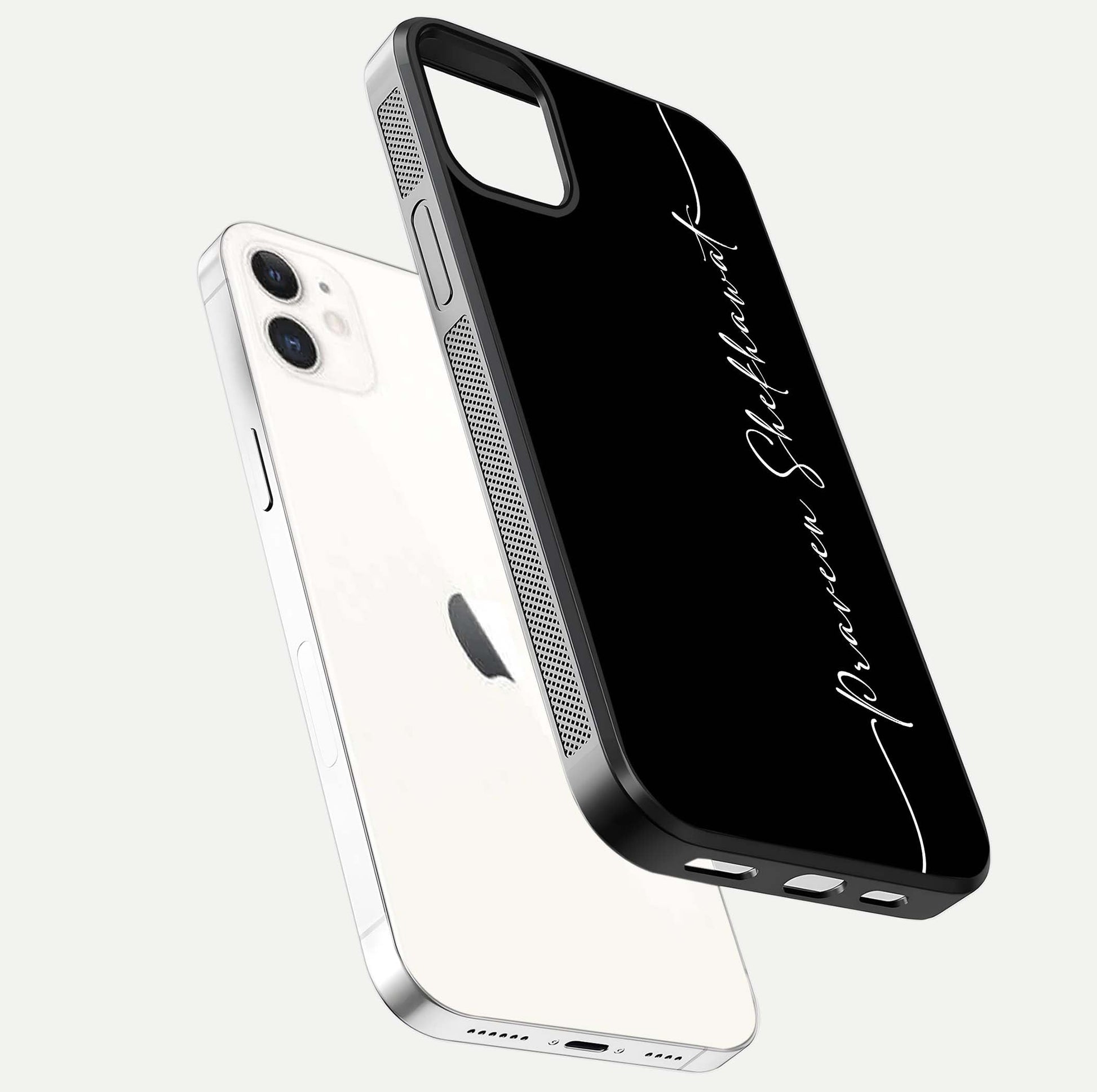 Black Tune Custom Name Glass Case for iPhone 12 Mini floating dual-view mockup emphasizing modern glossy texture