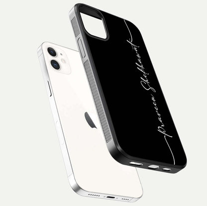 Black Tune Custom Name Glass Case for iPhone 12 Mini floating dual-view mockup emphasizing modern glossy texture