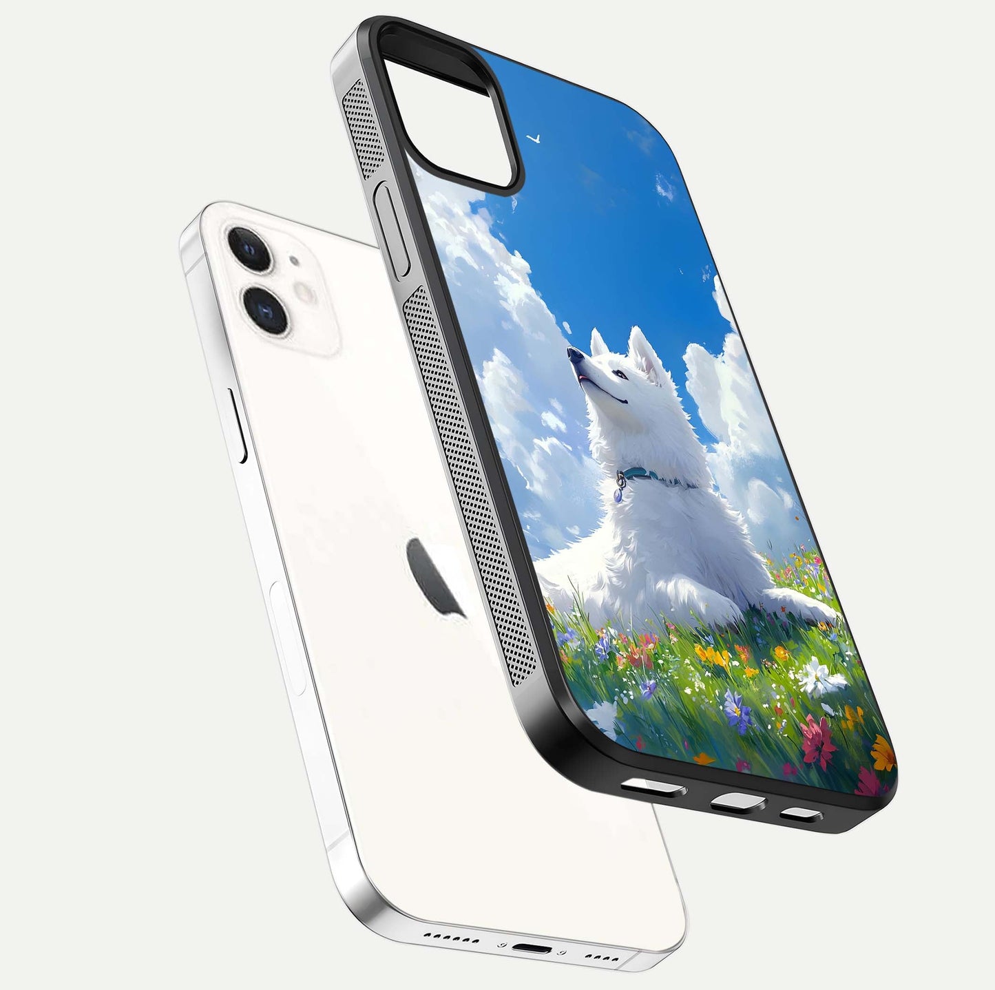 Blissful Cloud Pup Glass Case for iPhone 16 Pro floating mockup capturing playful aesthetic and gloss finish