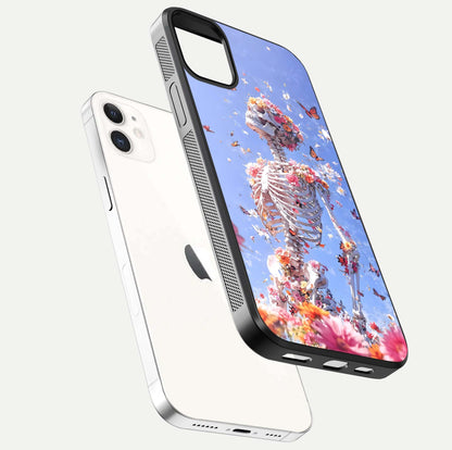 Bloom Beyond Bones Glass Case for iPhone 16 Pro floating mockup displaying shine, texture, and gloss detail