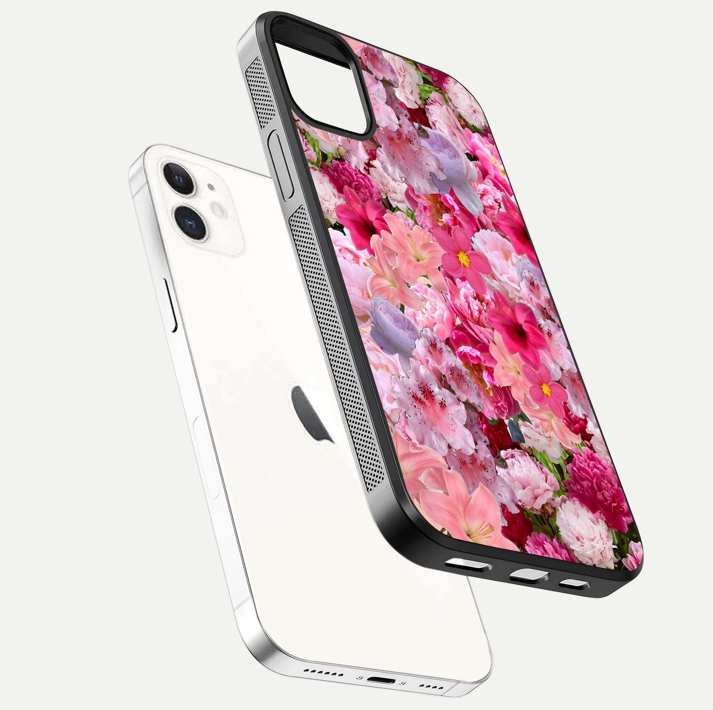Bloom Crush Fantasy Glass Case for iphone-12 floating mockup showing floral pattern clarity and HD glass