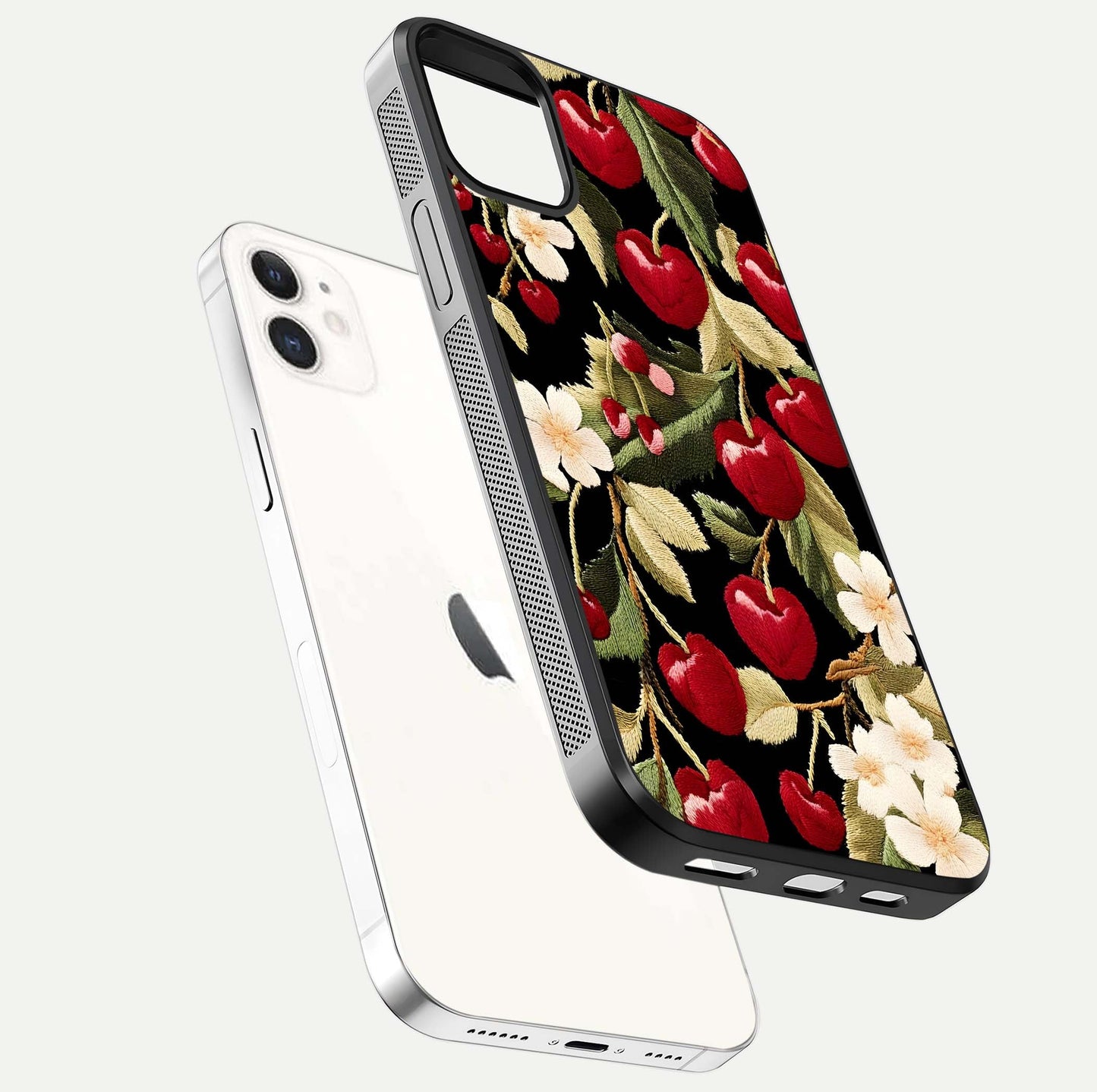 Bloom Thread Art Glass Case for iphone-12 floating mockup showing premium reflection and stitched art vibe