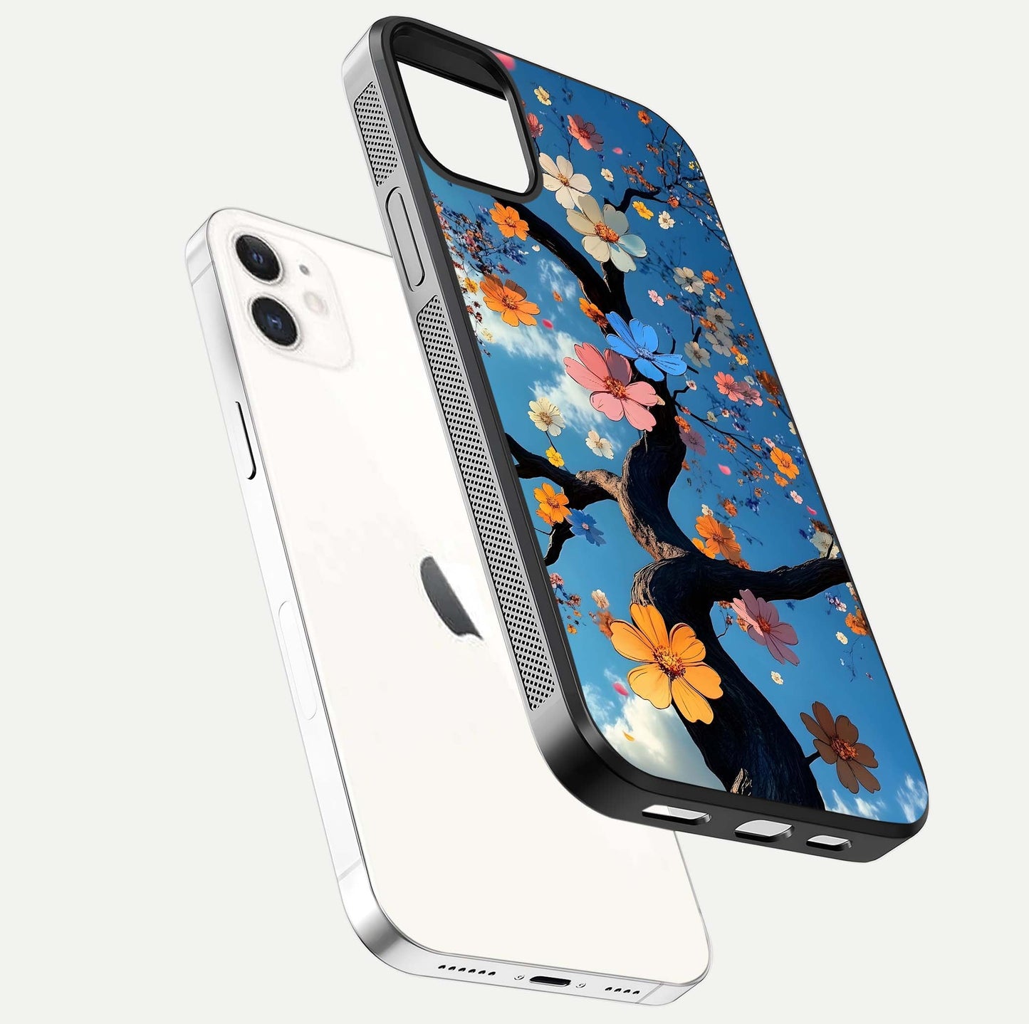 Blossom Dream Sky Glass Case for iphone-12 floating dual-mockup displaying smooth finish and elegant sky tones