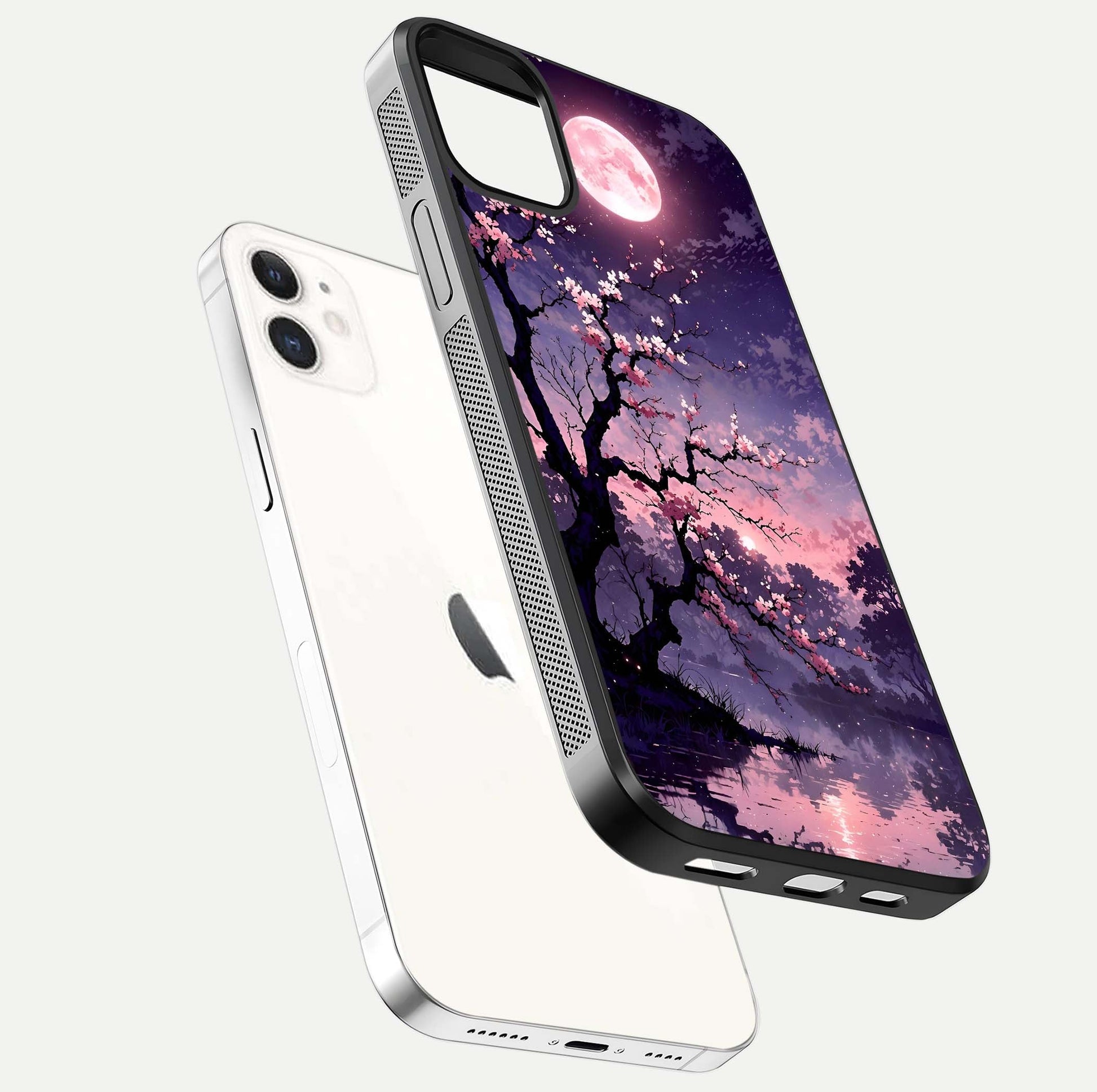 Blossom Pink Moon Glass Case for iphone-12 floating mockup emphasizing dreamy pink moon aura and smooth finish