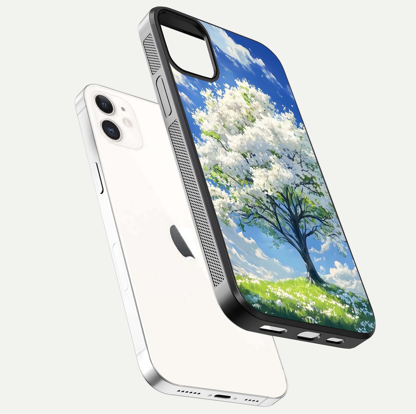 Blossom Sky Serenity Glass Case for iphone-12 floating mockup capturing gloss surface and tranquil design