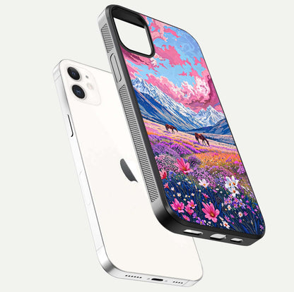 Blossom Valley Dream Glass Case for iphone-12 floating mockup showing floral valley blend and reflective surface