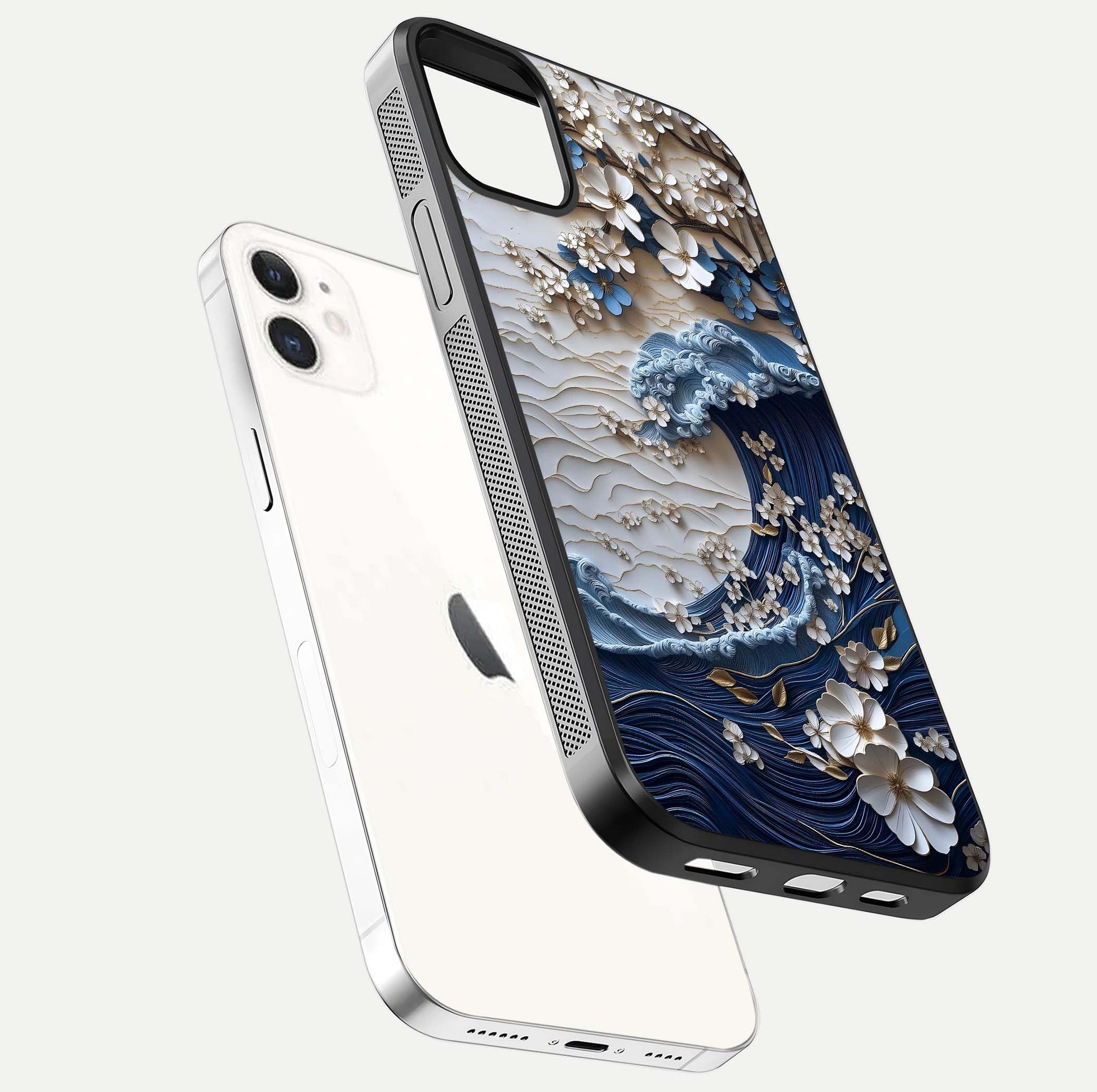 Blossom Wave Art Glass Case for iphone-12 floating mockup displaying pattern details and reflective shine