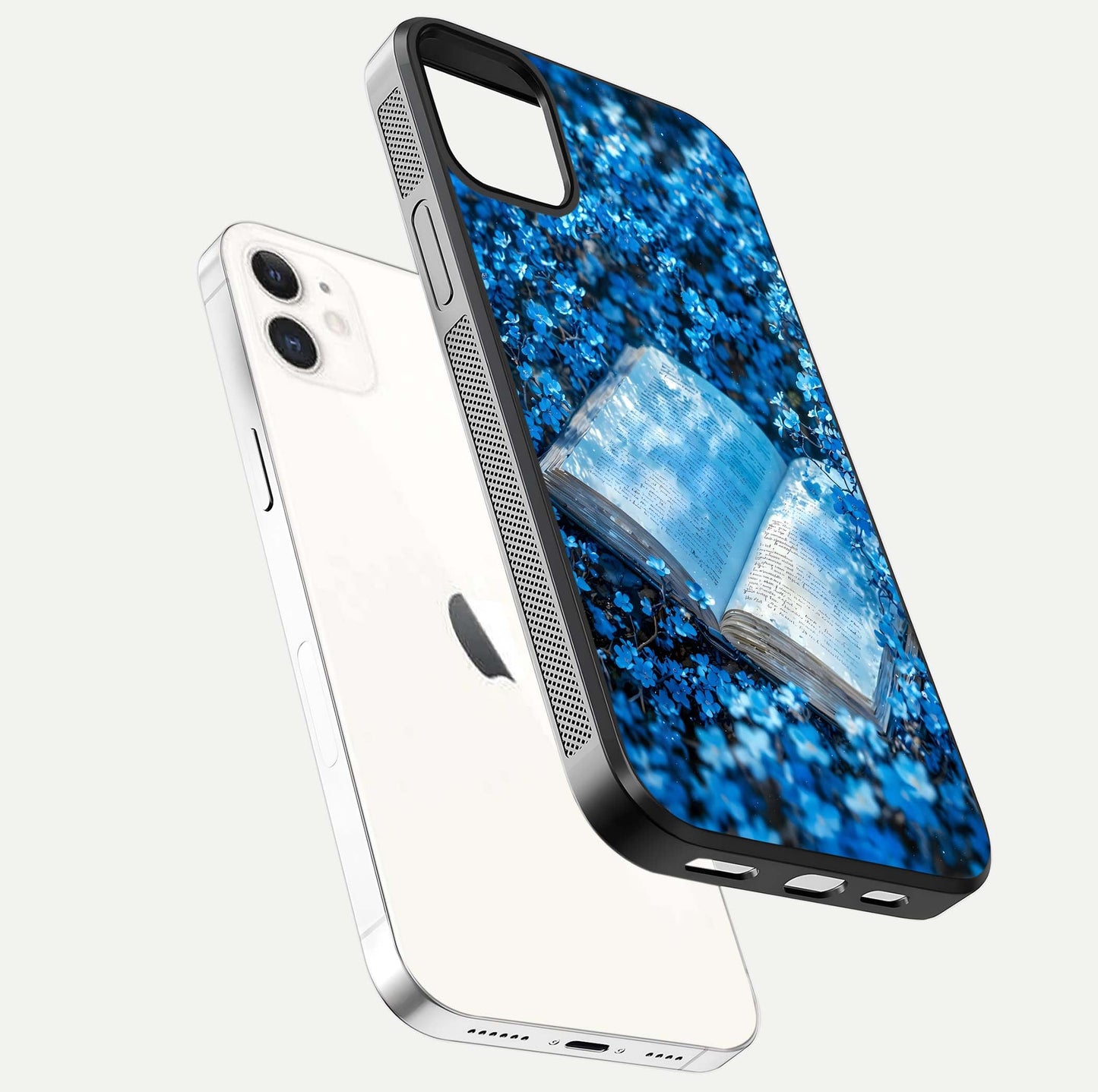 Blue Bloom Tales Glass Case for iphone-12 floating mockup showing detailed bloom and reflective surface