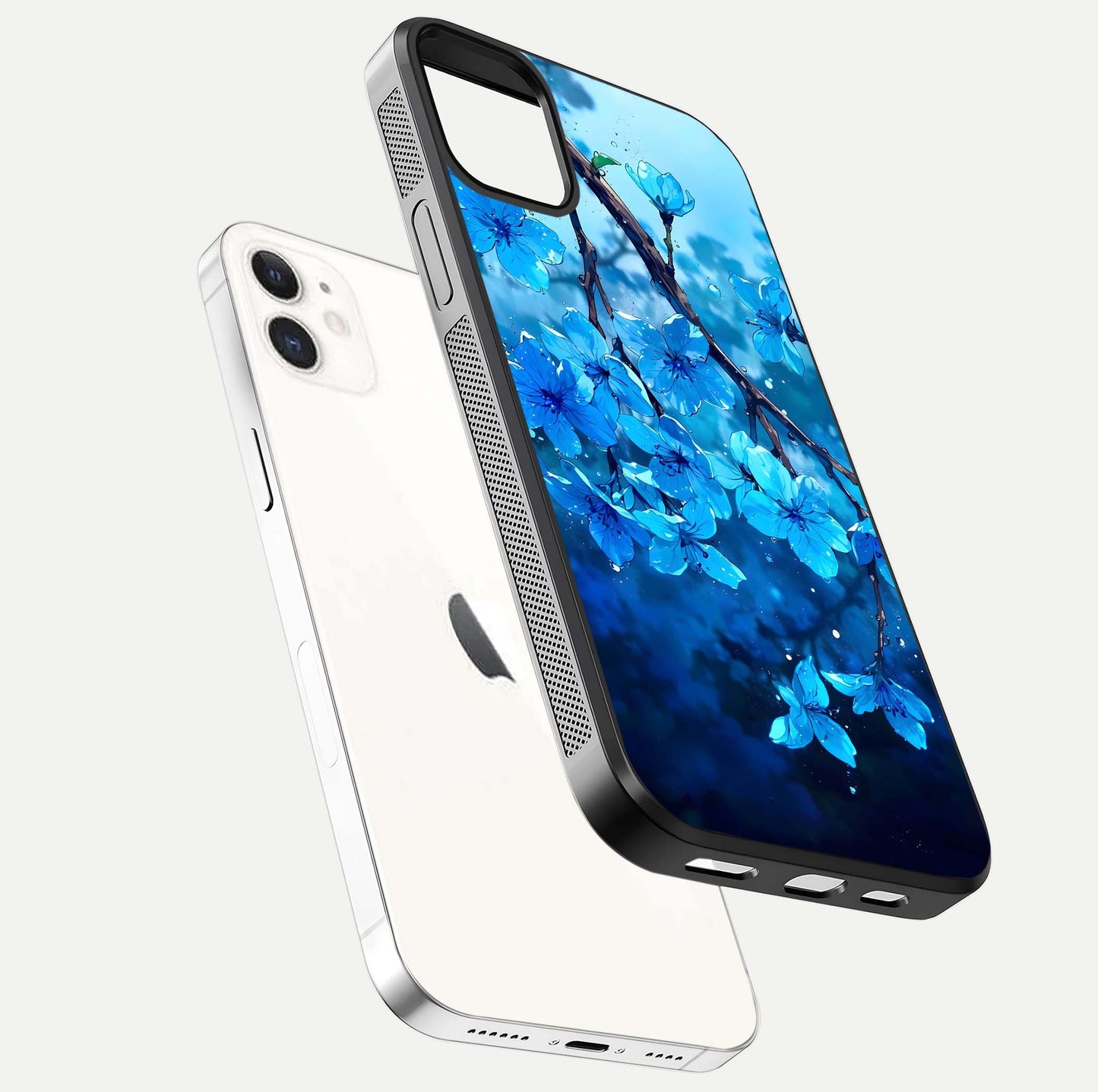 Blue Blossoms Branch Glass Case for iphone-12 floating mockup showing shine, curved edges, and branch detailing