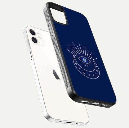 Blue Evil Eye Glass Case for iphone-12 floating mockup displaying glossy protection and spiritual artwork
