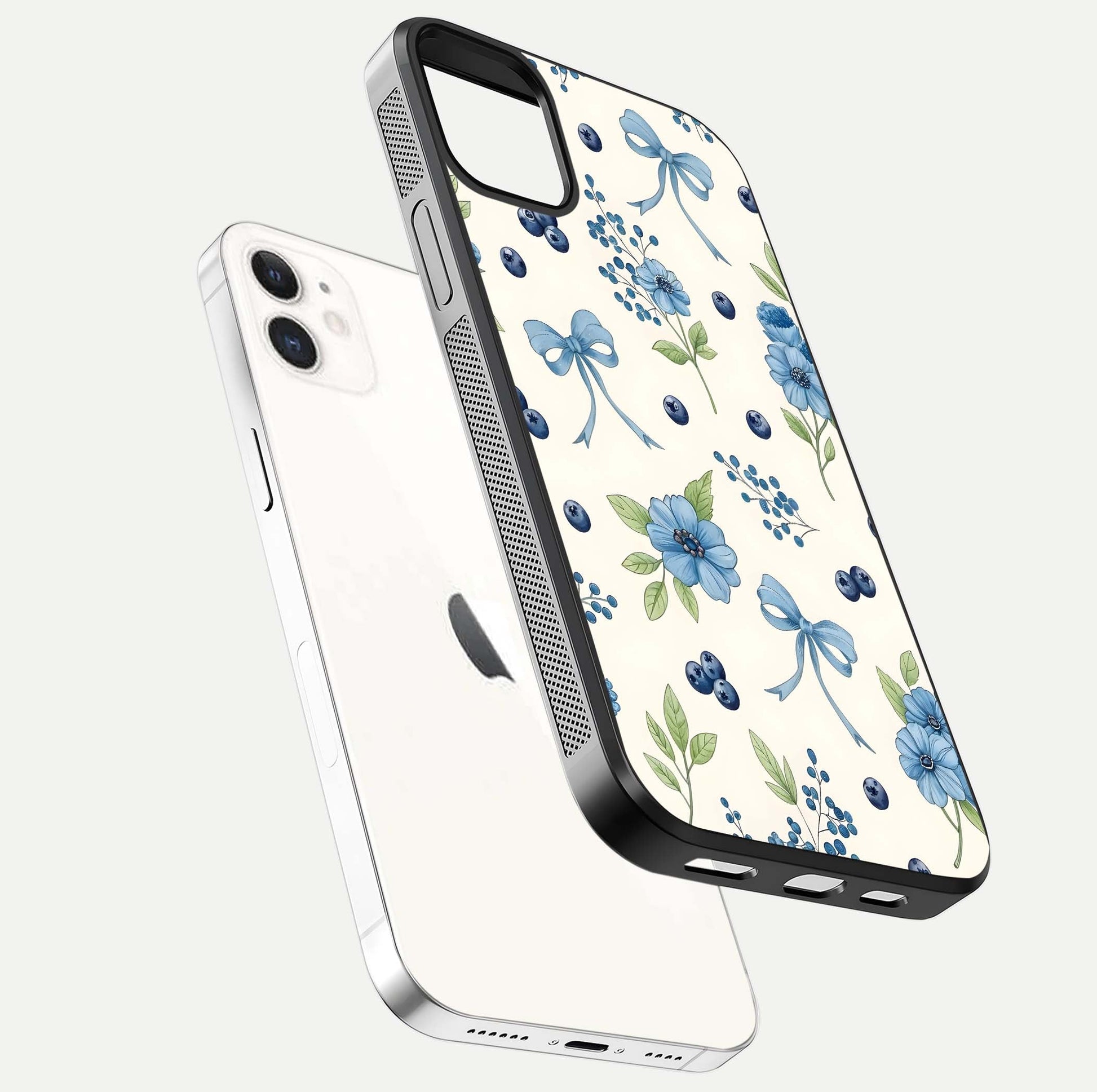 Blue Flower & Bow Glass Case for iphone-12 floating mockup capturing gloss reflection and girly aesthetic