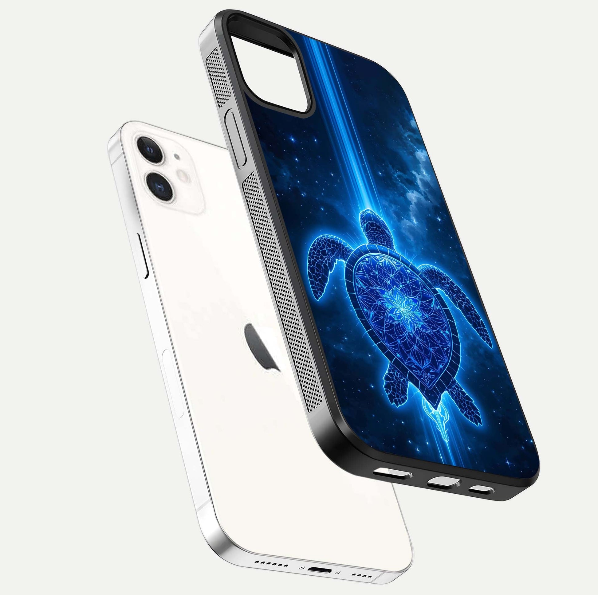 Blue Galaxy Turtle Glass Case for iphone-12 floating dual-mockup showing gloss depth and color transitions