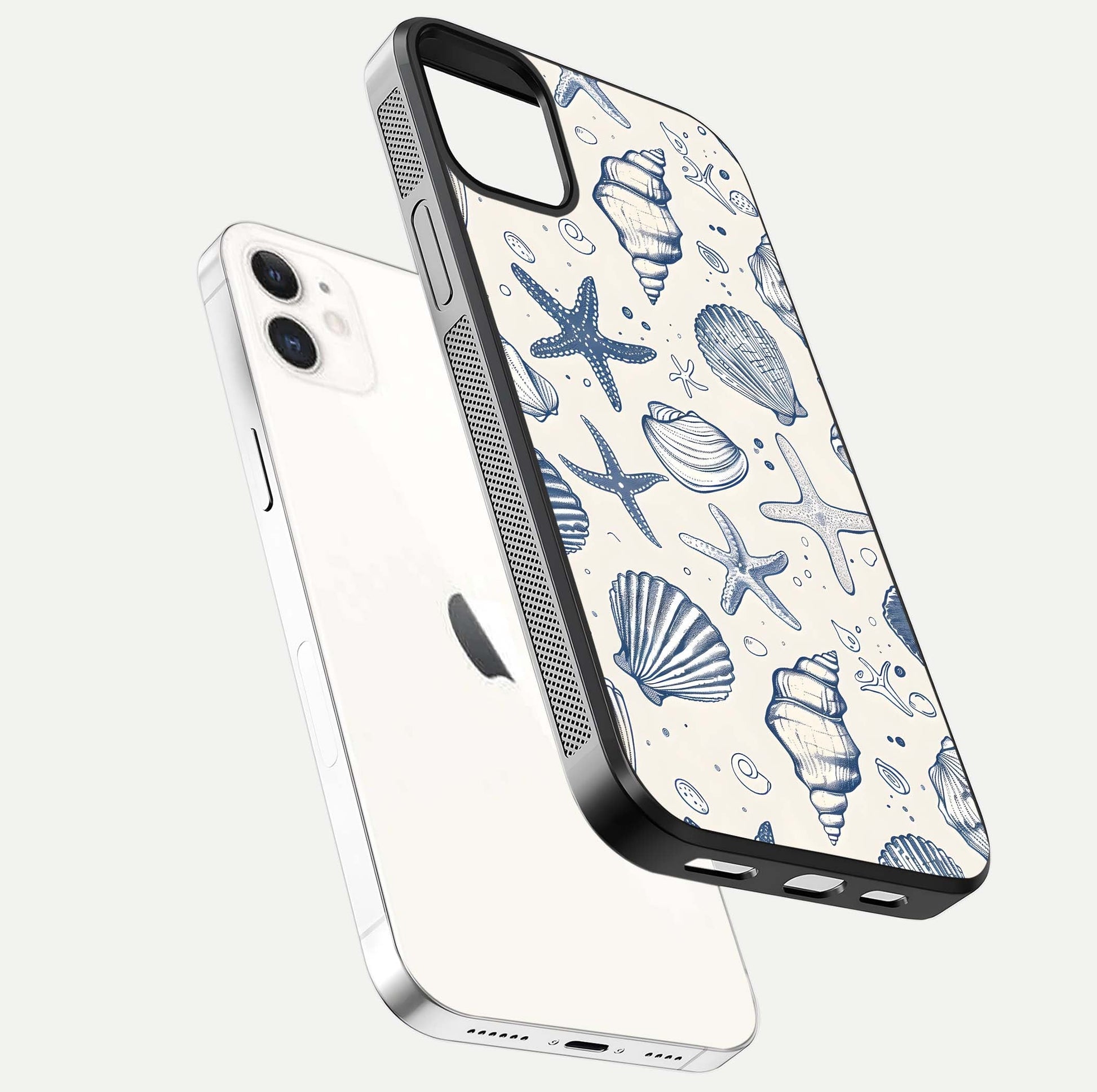 Blue Ocean Outline Glass Case for iphone-12 floating mockup displaying marine-inspired aesthetic and smooth surface