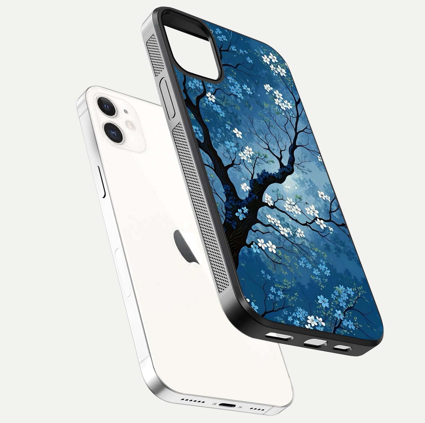 Blue Tree Serenity Glass Case for iphone-12 floating mockup displaying serene tones and HD glass polish