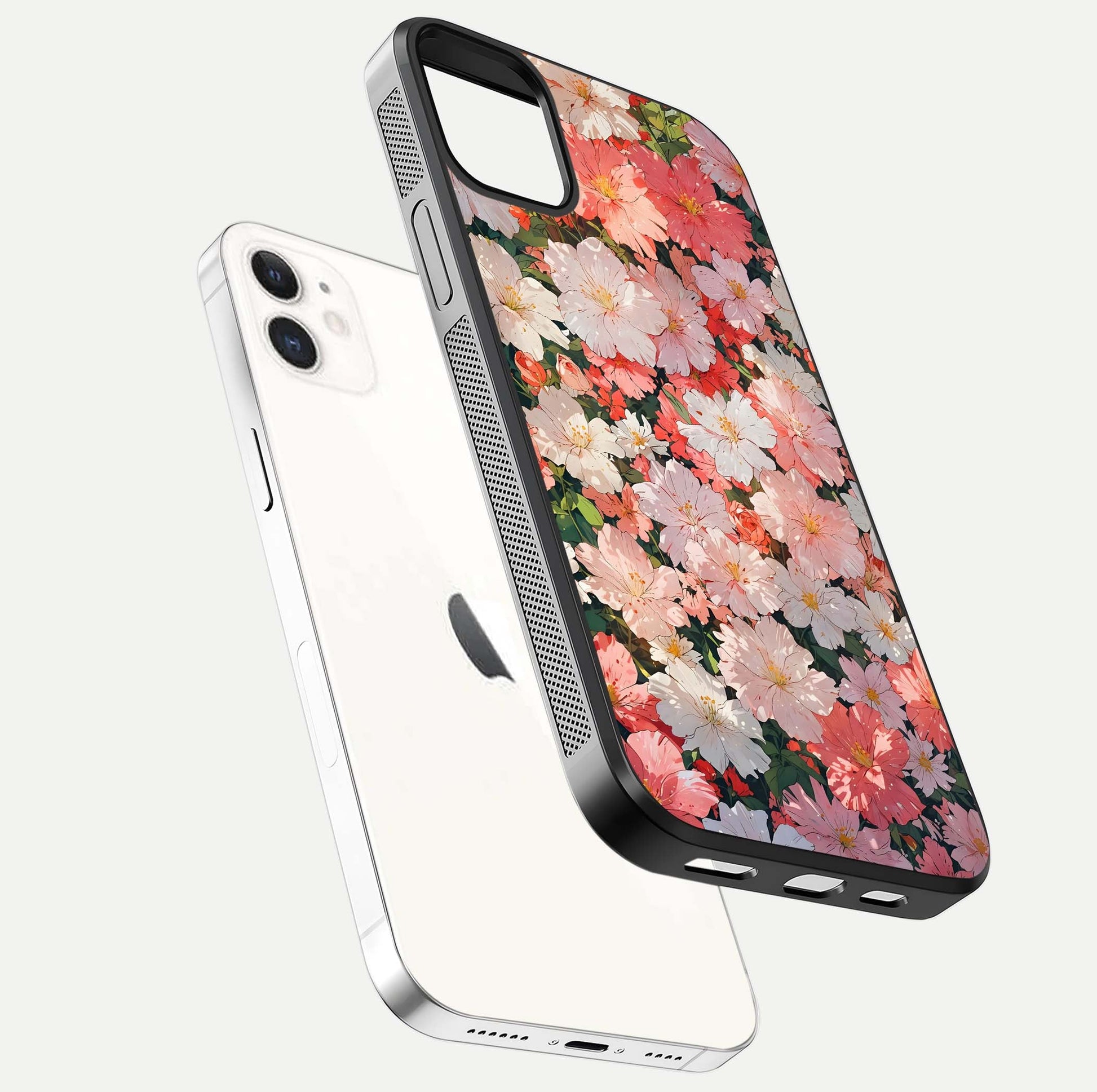 Blush Bloom Field Glass Case for iphone-12 floating mockup highlighting floral spread and edge reflection