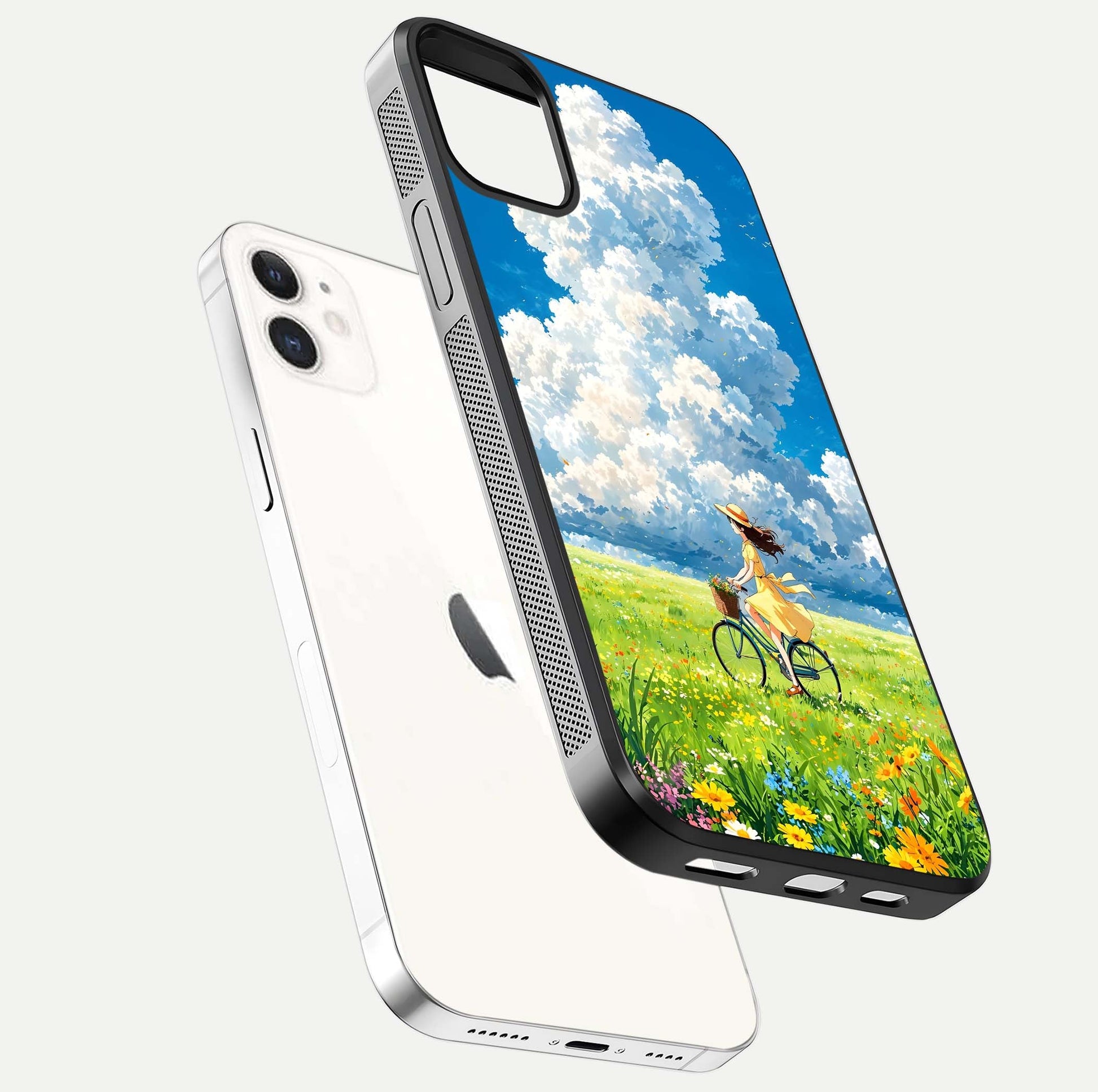 Breezy Meadow Ride Glass Case for iphone-12 floating mockup capturing serene tones and smooth finish