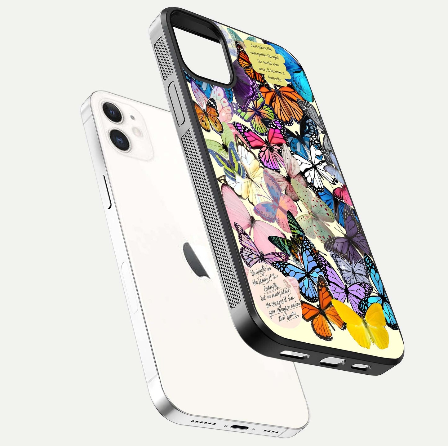 Butterflies Petal Dream Glass Case for iphone-12 floating mockup displaying detailed print and premium glass glow