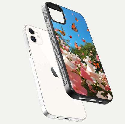 Butterflies in Bloom Sky Glass Case for iphone-12 floating mockup capturing butterfly motion and edge design