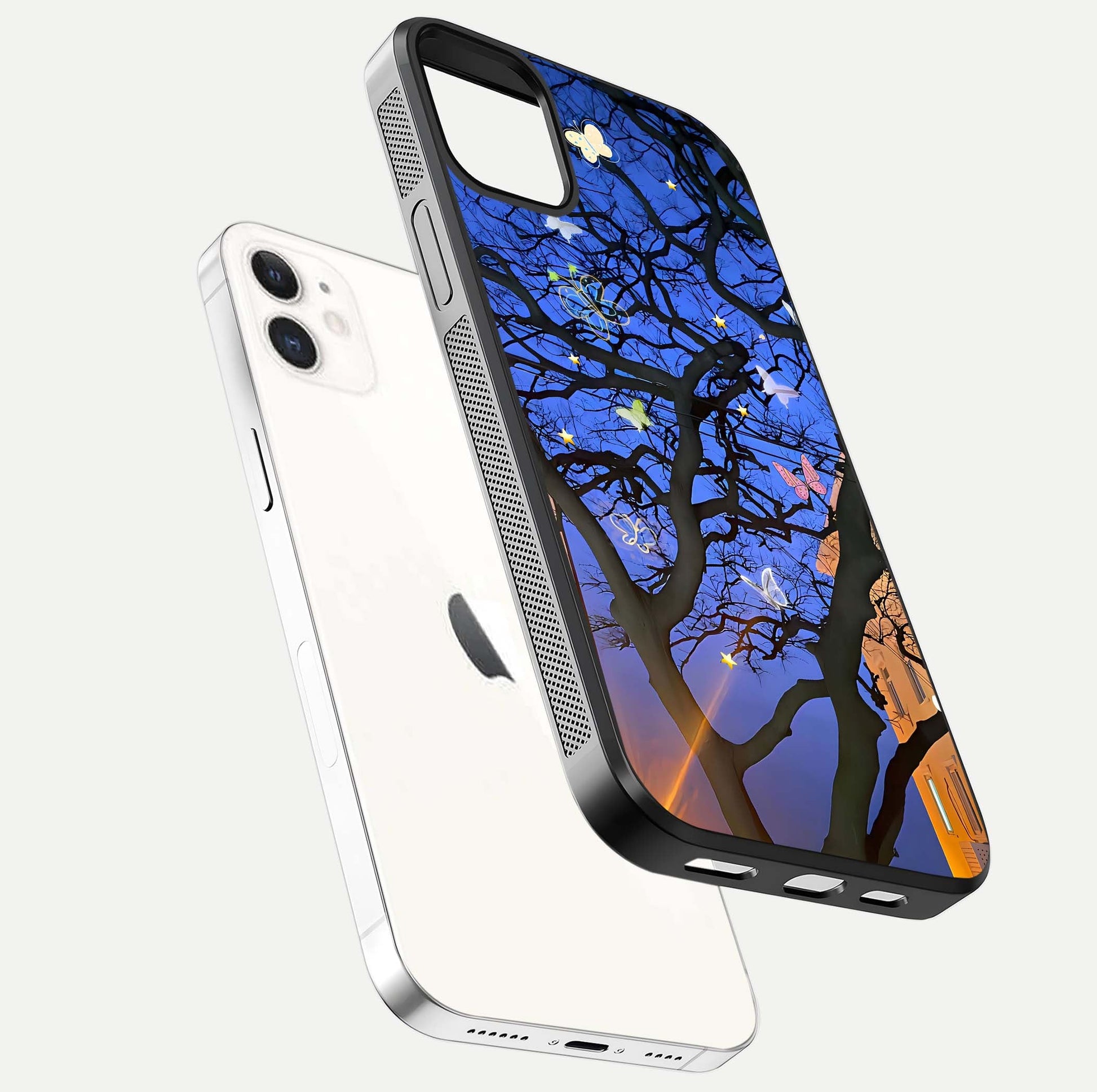 Butterfly Night Magic Glass Case for iphone-12 floating mockup showing night glow and smooth polish