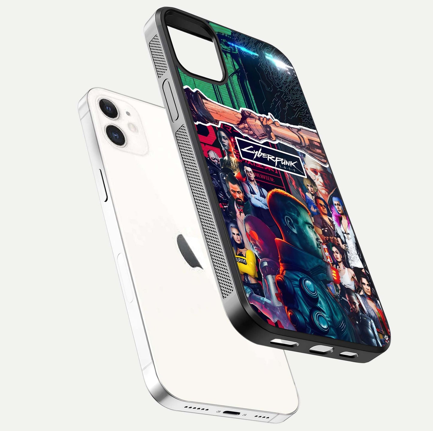 CYBERPUNK Legacy Glass Case for iphone-12 floating mockup showing HD gloss and neon glow detail