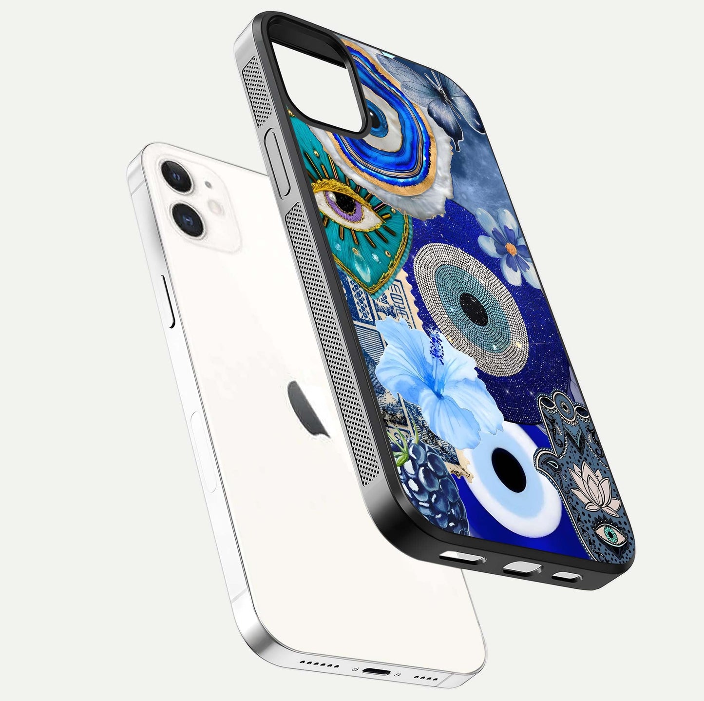 Celestial Blue Vision Glass Case for iphone-12 floating mockup showing gloss depth and night-sky pattern