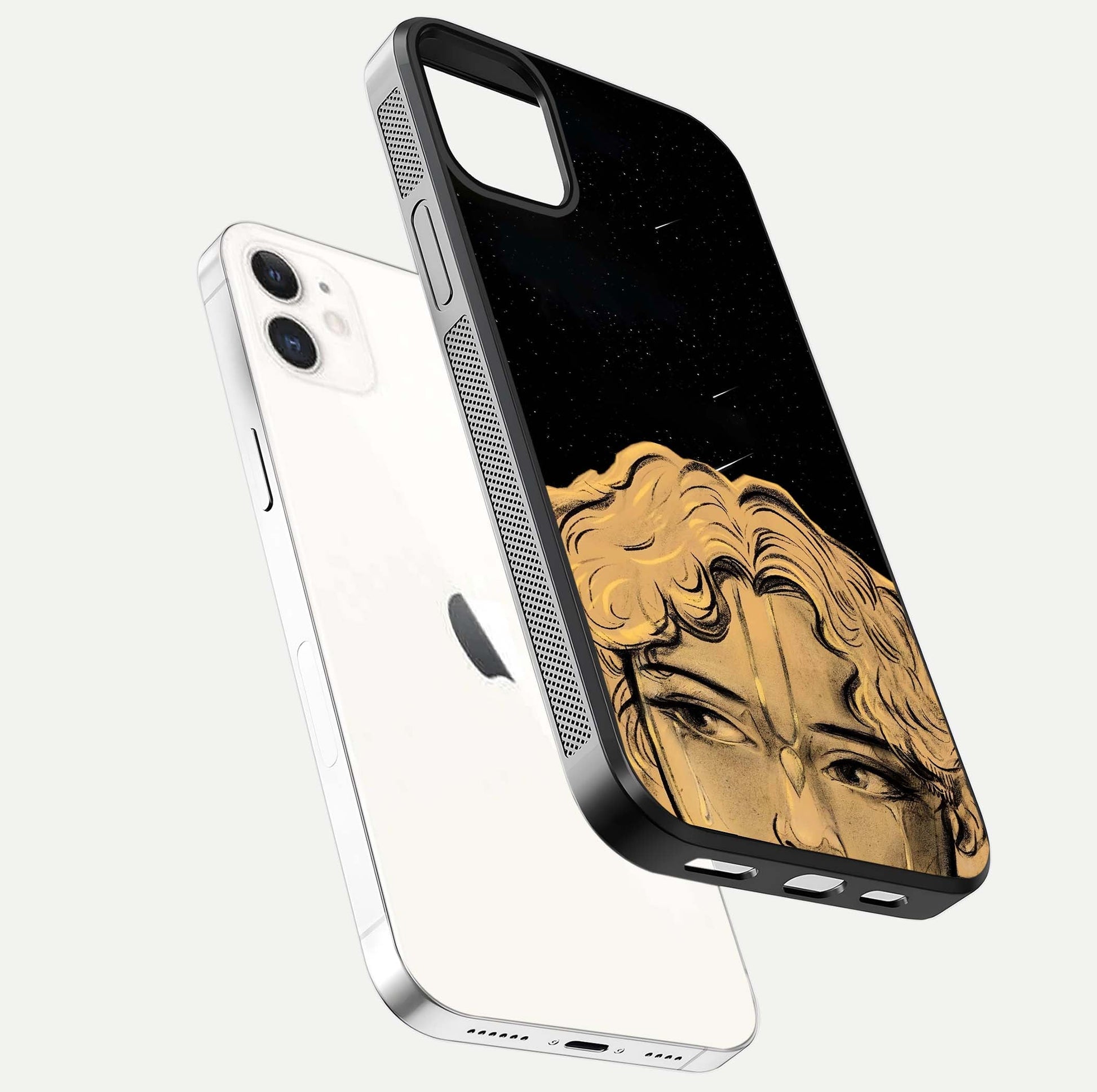 Celestial God’s Plan Glass Case for iphone-12 floating dual-view mockup displaying gloss surface and vivid print