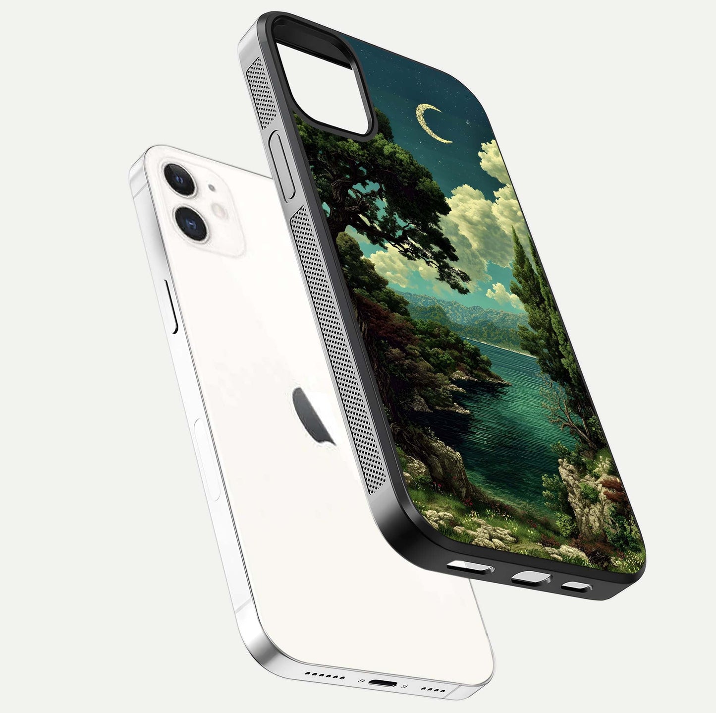 Celestial Lake Peace Glass Case for iphone-12 floating mockup capturing calm tones and smooth polish