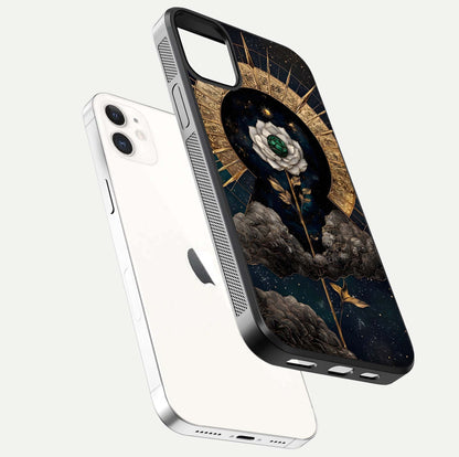 Celestial Lotus Morang Glass Case for iphone-12 floating mockup showing gloss depth and cosmic lotus glow