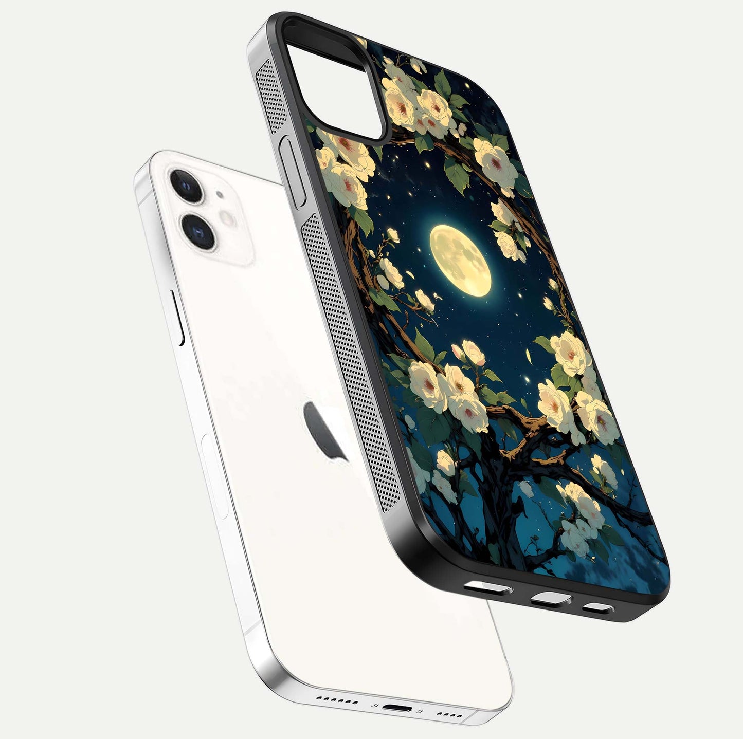 Celestial Moon & Flower Glass Case for iphone-12 floating mockup emphasizing HD shine and delicate texture