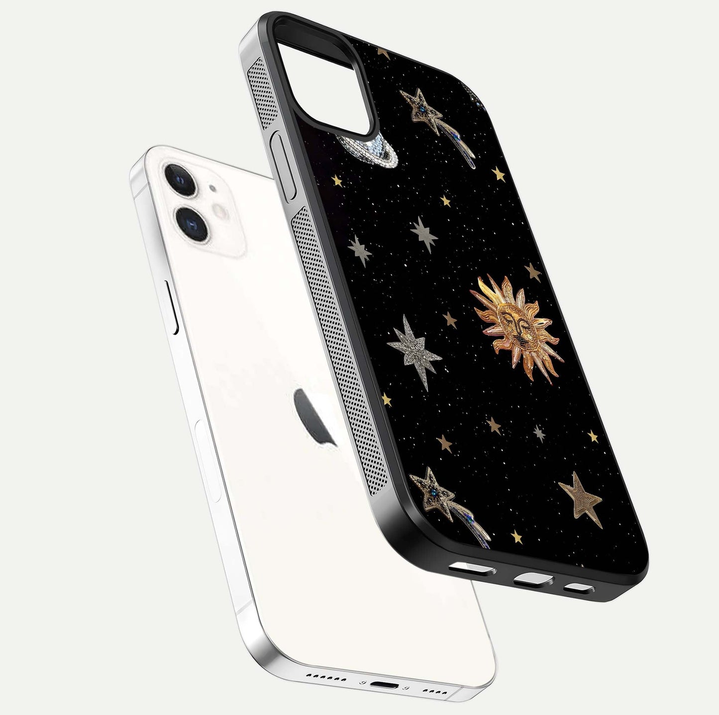 Celestial Moon With Stars Glass Case for iphone-12 floating mockup emphasizing star depth and gloss clarity